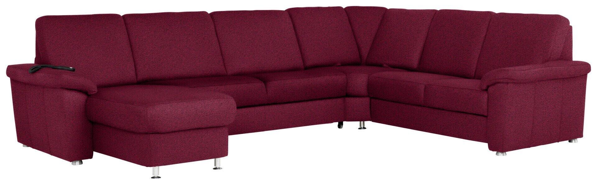 Dunkelrotes Ecksofa Tyron mit Ottomane, segmentierten Rückenlehnen und silberfarbenen Füßen, wobei eine Fernbedienung auf dem Armteil liegt.