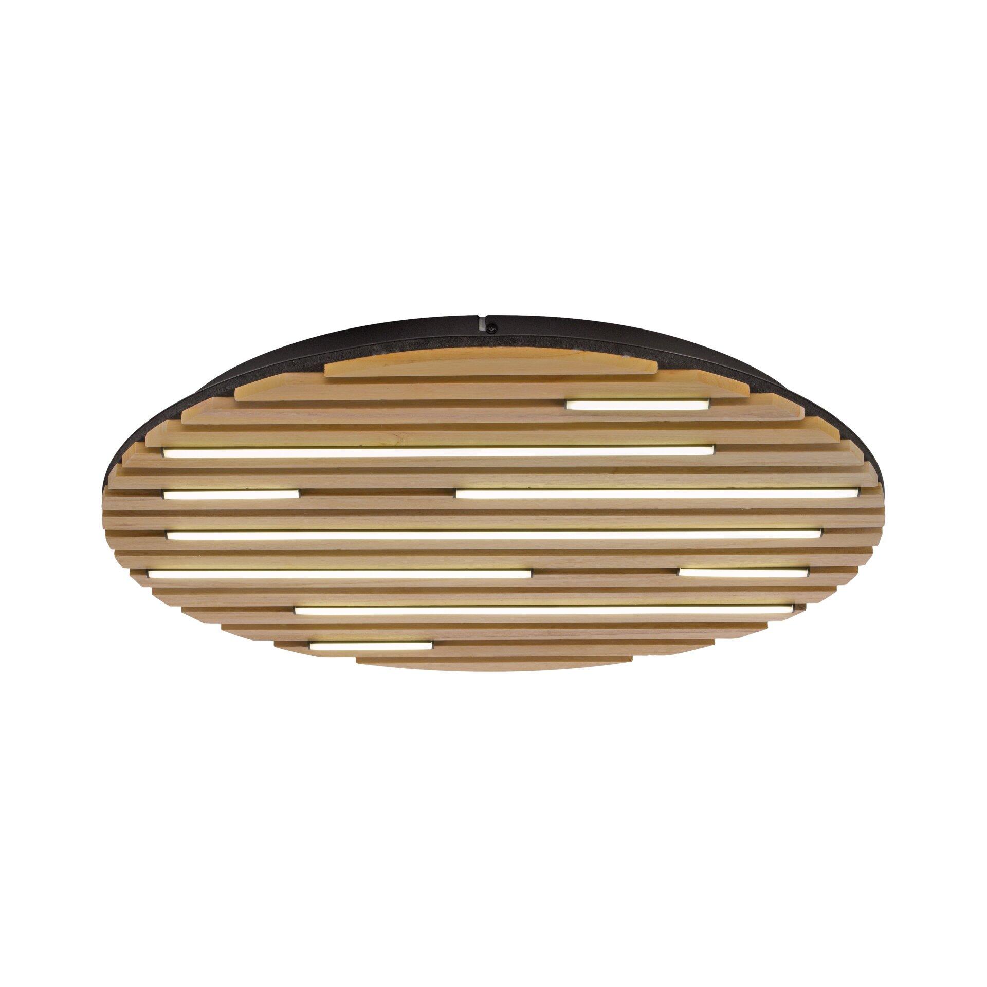 Runde Wand-/Deckenleuchte Q-Akustik mit hellem Holzschirm und schwarzem Metallrahmen, der durch horizontal angeordnete Holzstäbe ein rasterförmiges Lichtdesign erzeugt.