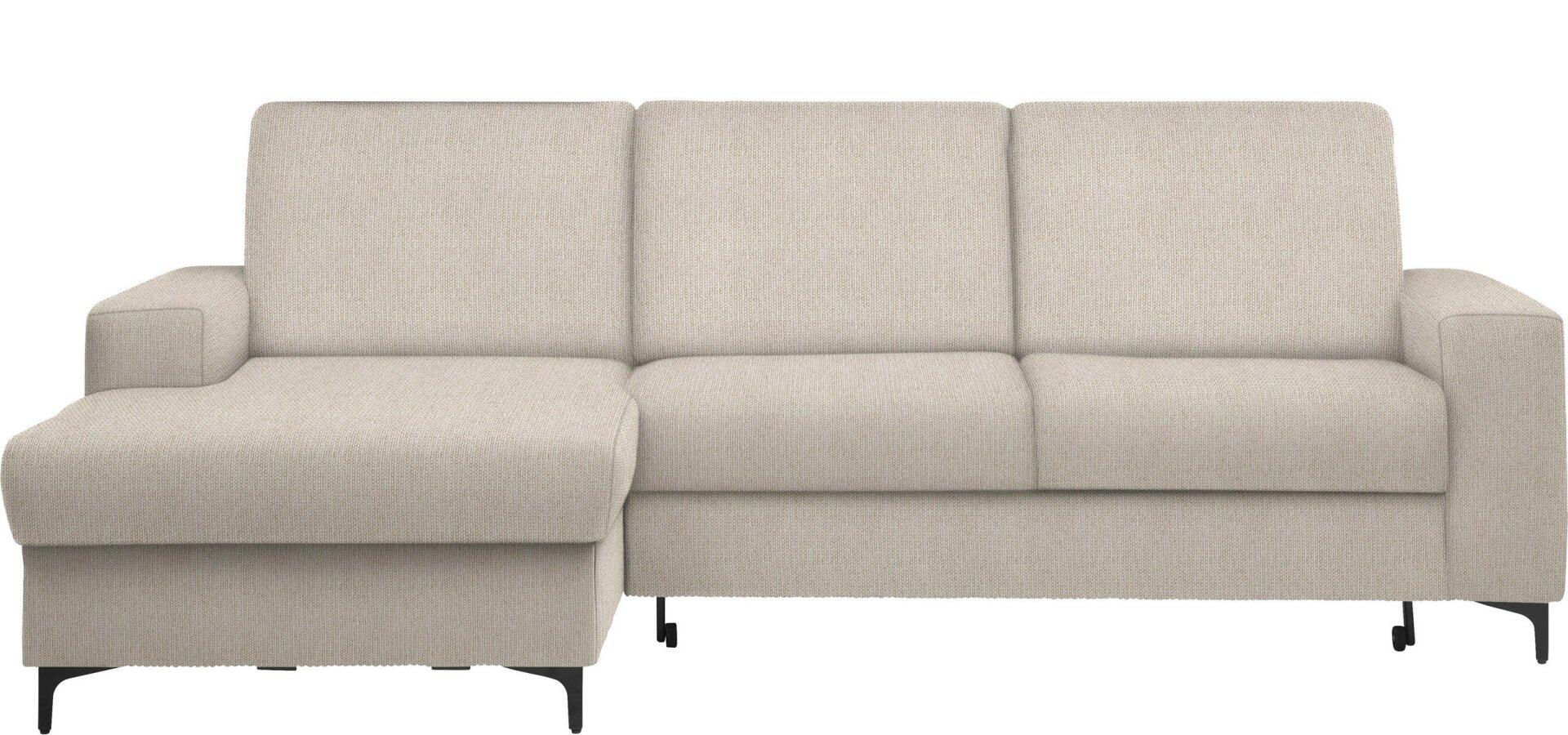 Ecksofa Balina in hellgrau mit ausgezogener Liegefläche und schwarzen Metallfüßen, dargestellt in Frontalperspektive.