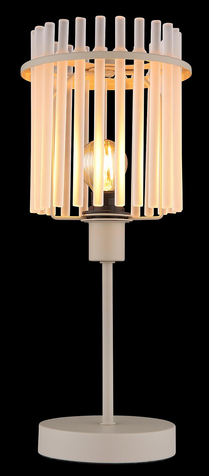 Tischleuchte GORLEY mit runder Glasstäbe-Konstruktion und strukturiertem Lichtmuster, dargestellt aus frontaler Perspektive.