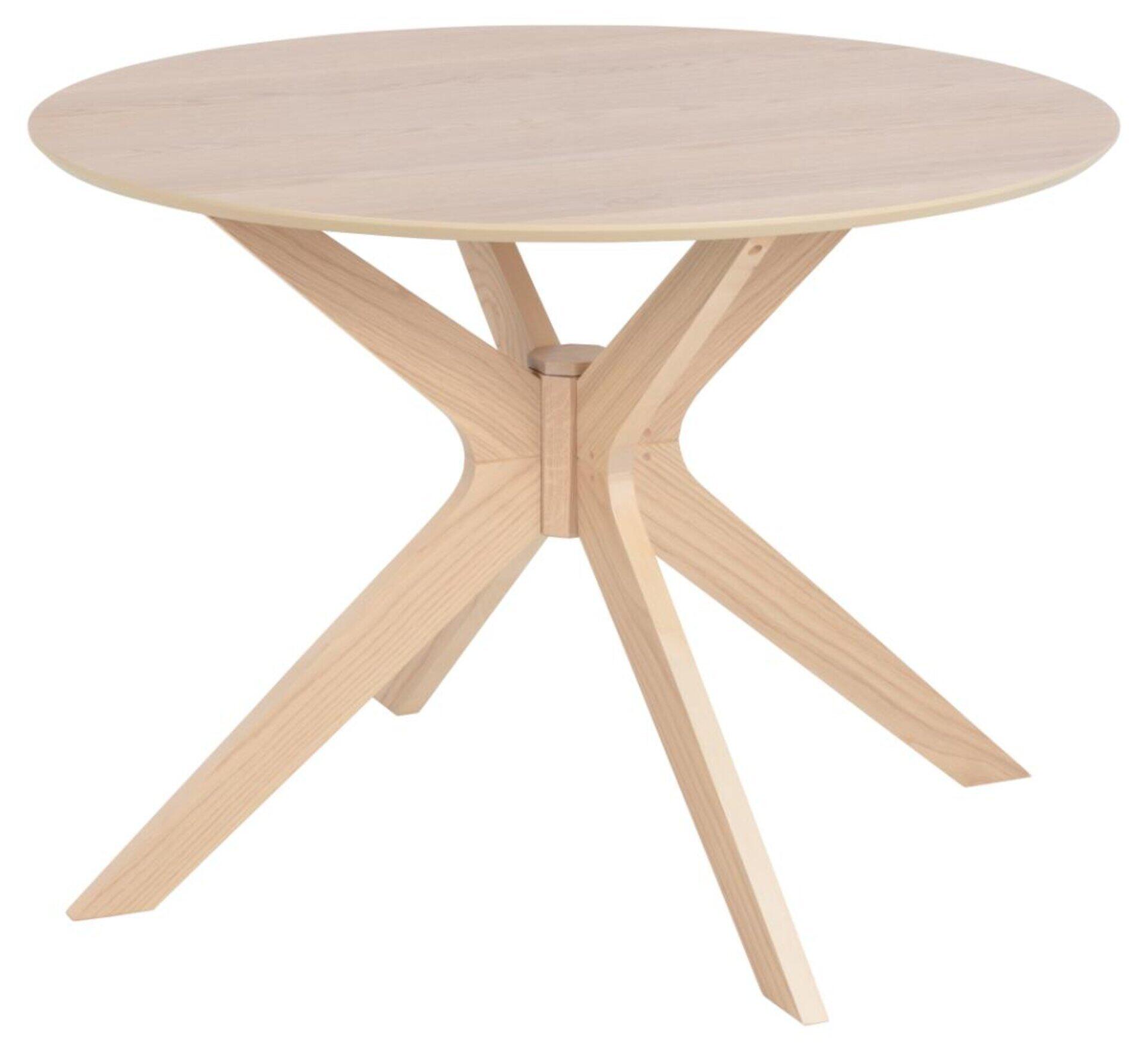 Runder Esstisch I_Duncan mit heller Holzplatte und sternförmigen Tischbeinen aus hellem Holz, frontal leicht erhöht fotografiert.
