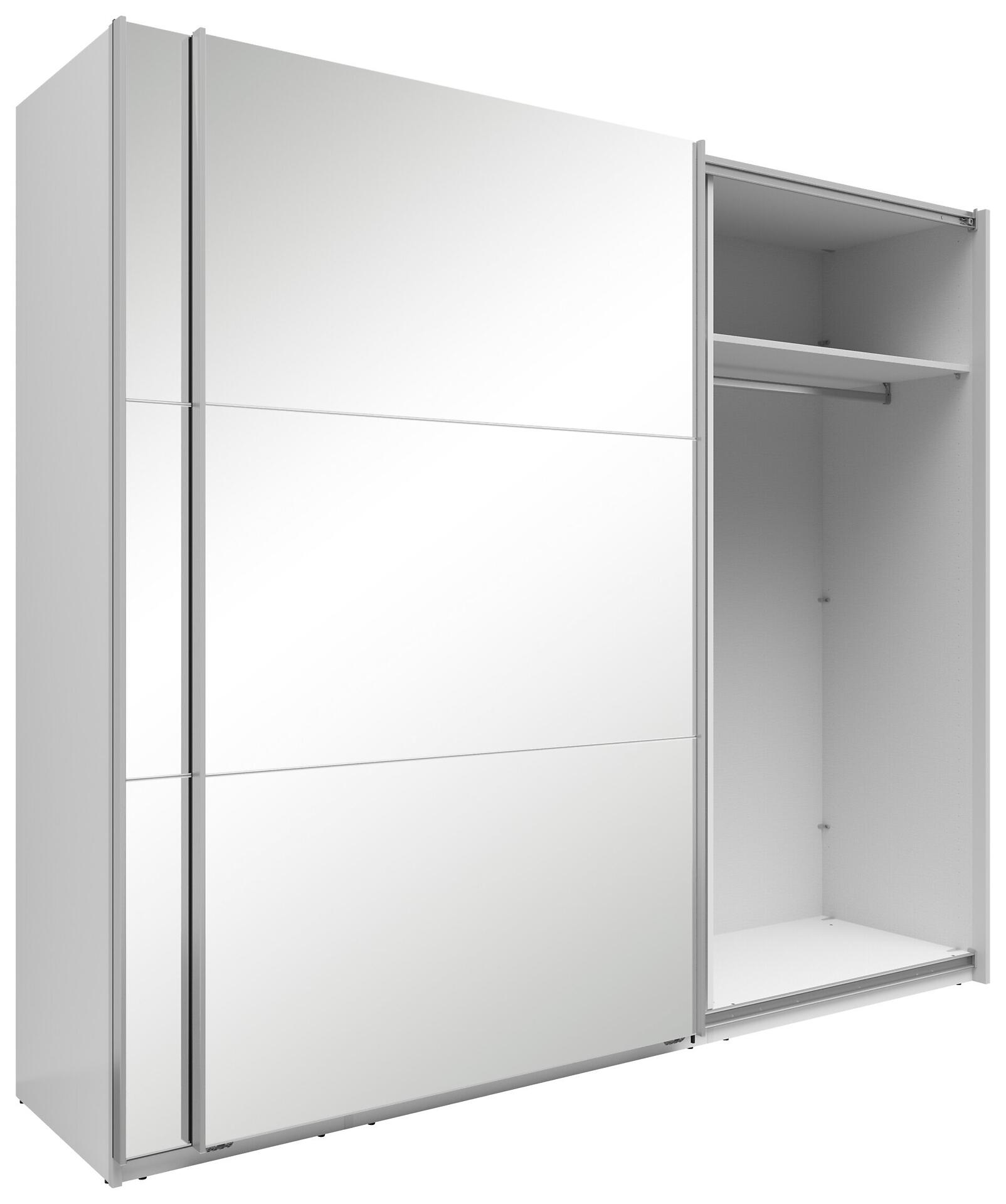 Weißer Schwebetürenschrank Neo mit geöffneter Tür, die einen Innenraum mit Kleiderstange und Ablagefläche aus seitlicher Perspektive zeigt.