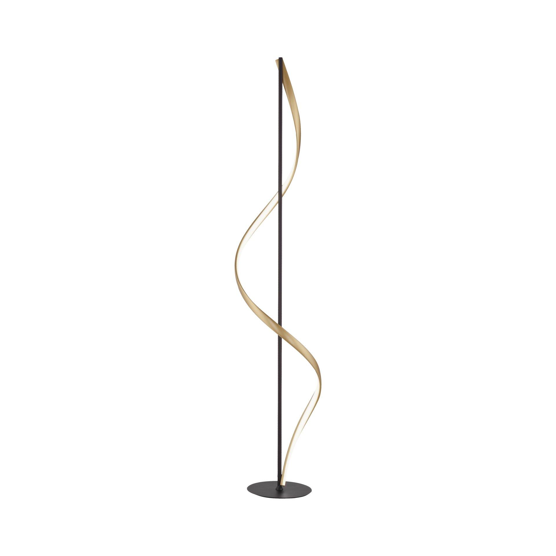 Stehleuchte Q-Swing: Skulpturales Design mit goldenem Metallstreifen, der sich spiralförmig um einen schwarzen Stab windet.