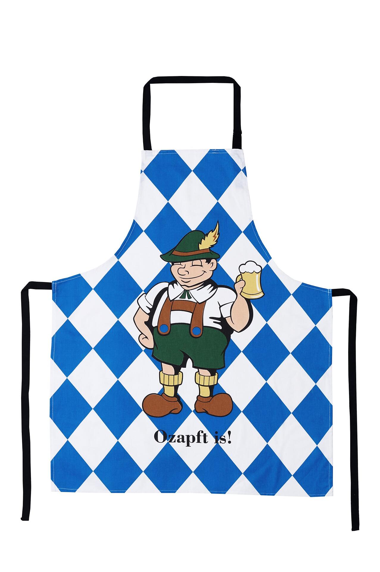 Bayerischer Schürze mit blau-weißem Karomuster und Comic-Motiv eines Trachtmannes mit Bierglas.