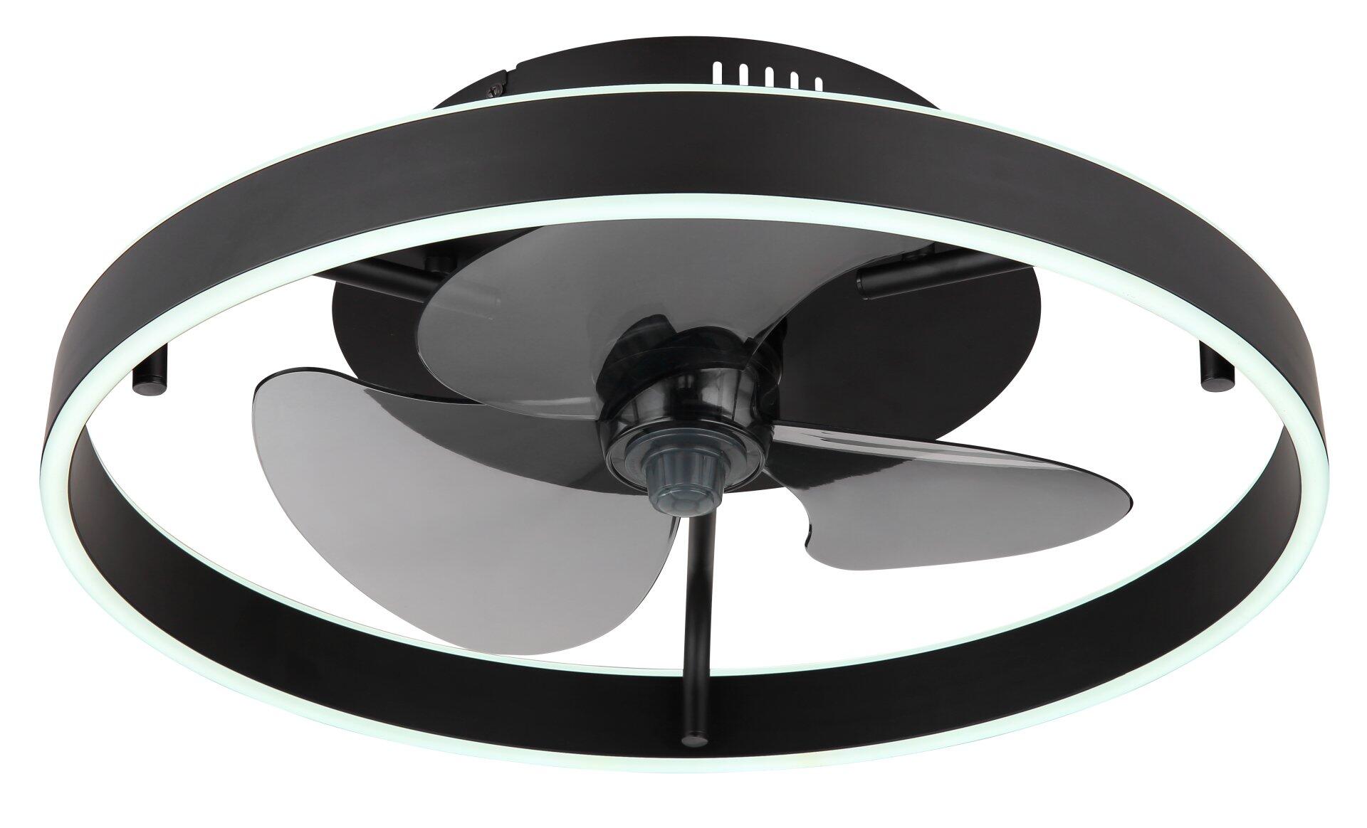 Deckenventilator CONWAY mit schwarzem Korpus, silbernem Ring, drei dunkelgrauen, leicht geneigten Flügeln und integrierter LED-Beleuchtung aus Frontalperspektive.