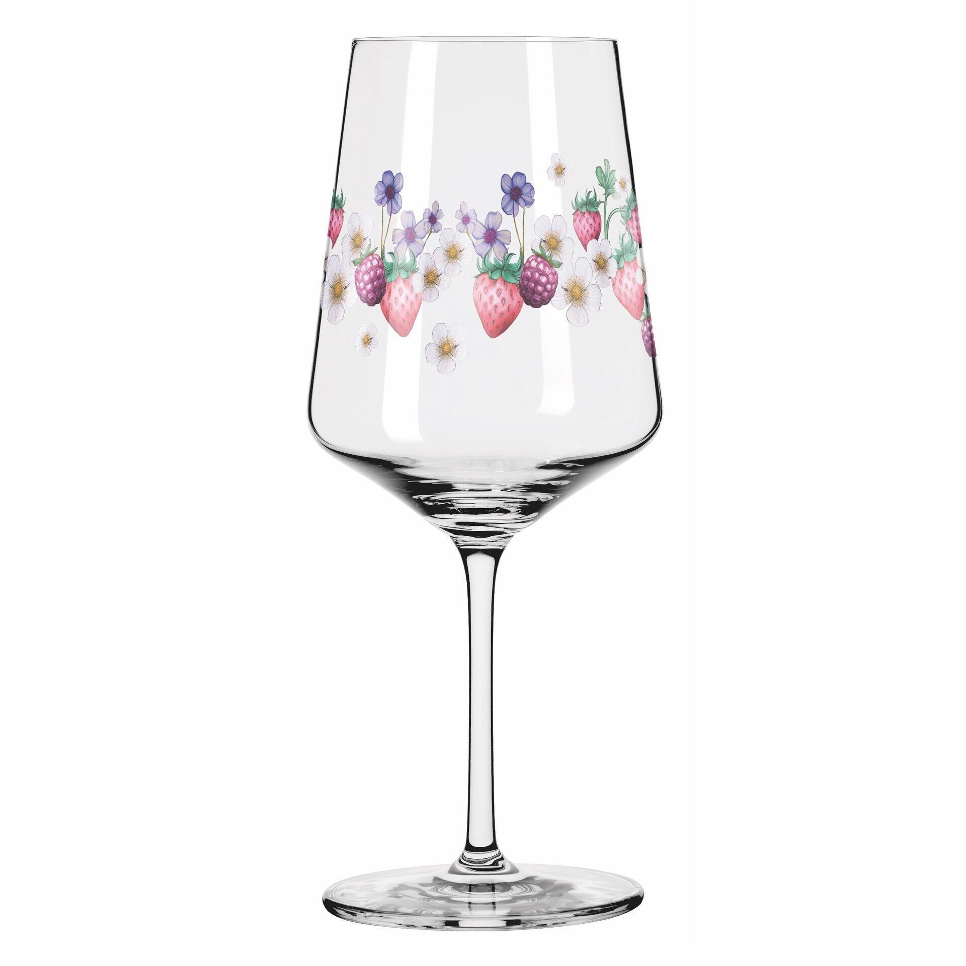 Aperitifglas mit detailliertem, vertikalem Dekor aus Erdbeeren, Blüten und Blättern in Rot-, Rosa-, Violett- und Grüntönen.