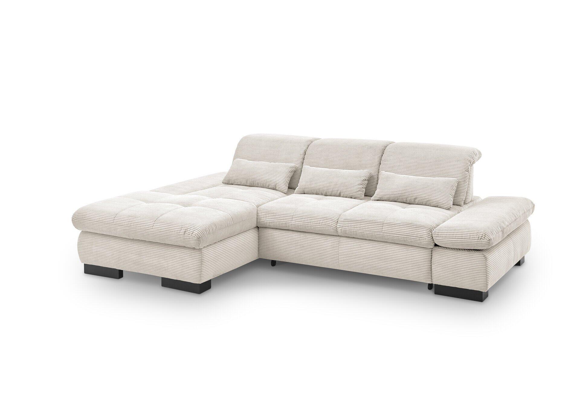 Eckcouch SO 4100 in Dreiperspektive mit Chaiselongue, gestreiftem Bezug und erhöhter Rückenlehne für zusätzlichen Sitzkomfort.