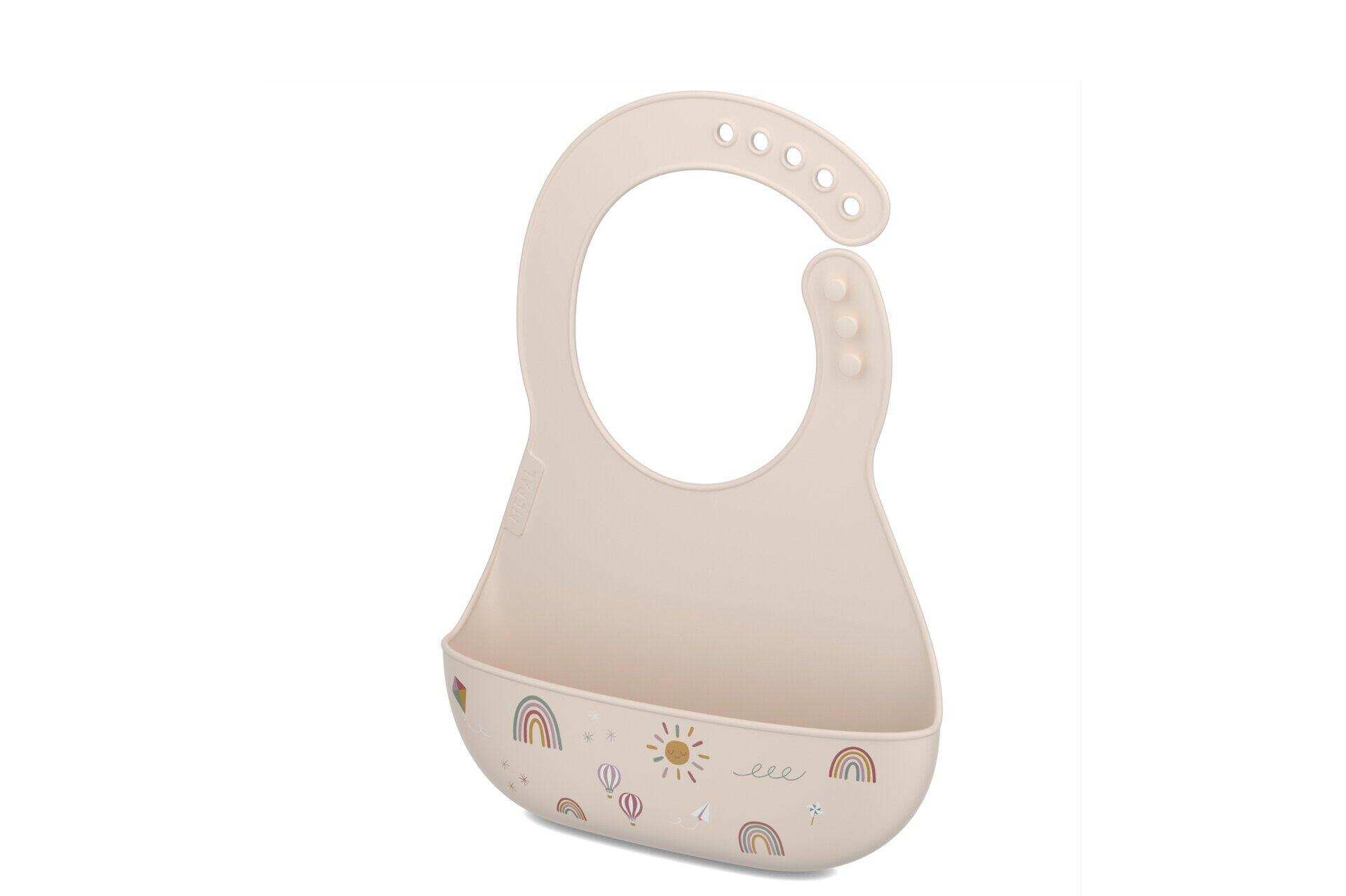 Rosa Mio Lätzchen mit Regenbogen-Motiv und Löchern für die Befestigung.