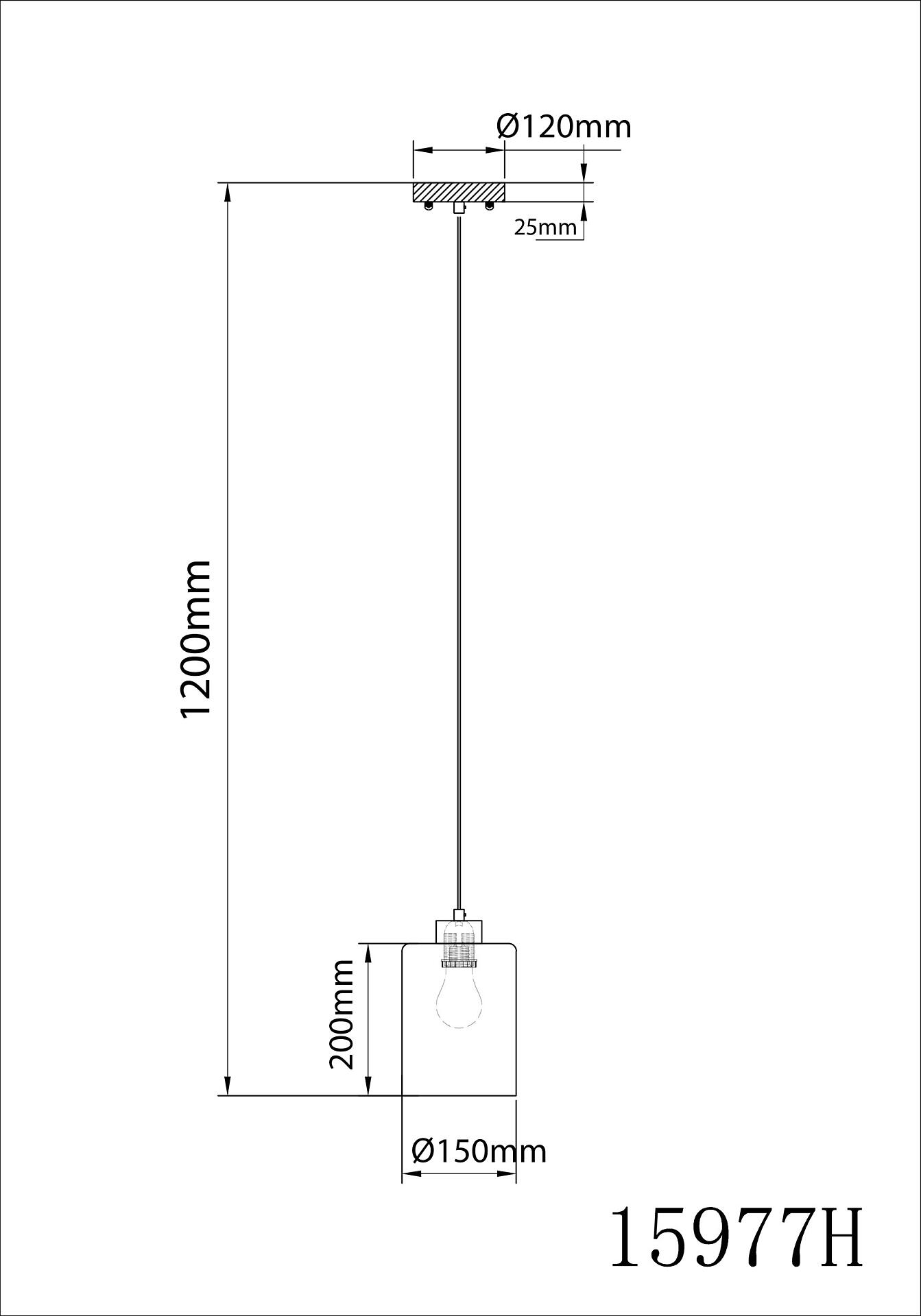 Technische Zeichnung der Hängeleuchte ROWENA mit weißem Lampenschirm, silberfarbenem Gehäuse, Stromkabel und Befestigungsplatte, inklusive Maße von Ø15cm, H: 120cm und kürzbarer Höhe.