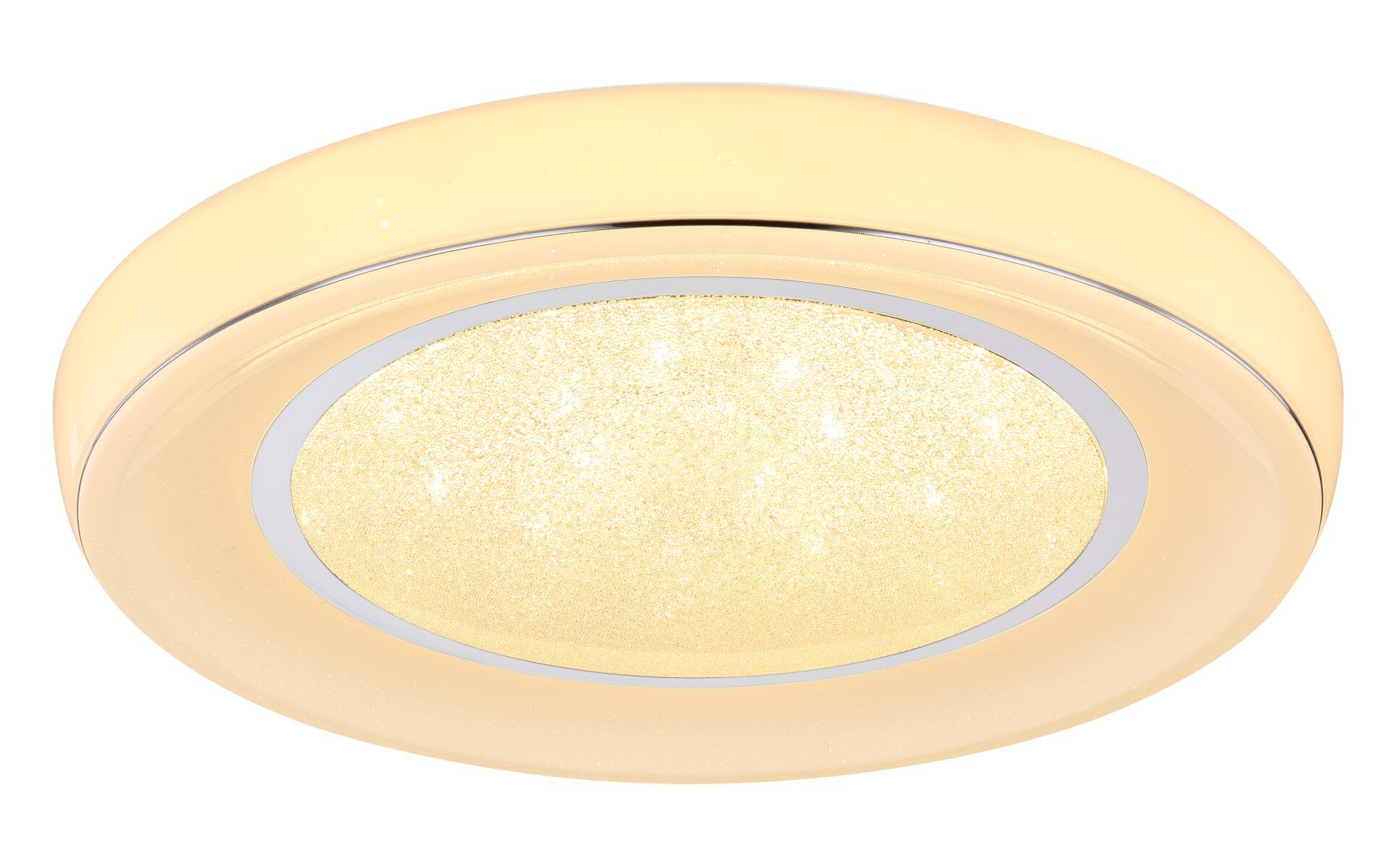 Deckenleuchte MICKEY mit modernem Design und warmweißem Licht, die aus einer unteren Perspektive die runde Form und den hellgelben Lichtkörper mit strukturierter Oberfläche betont.