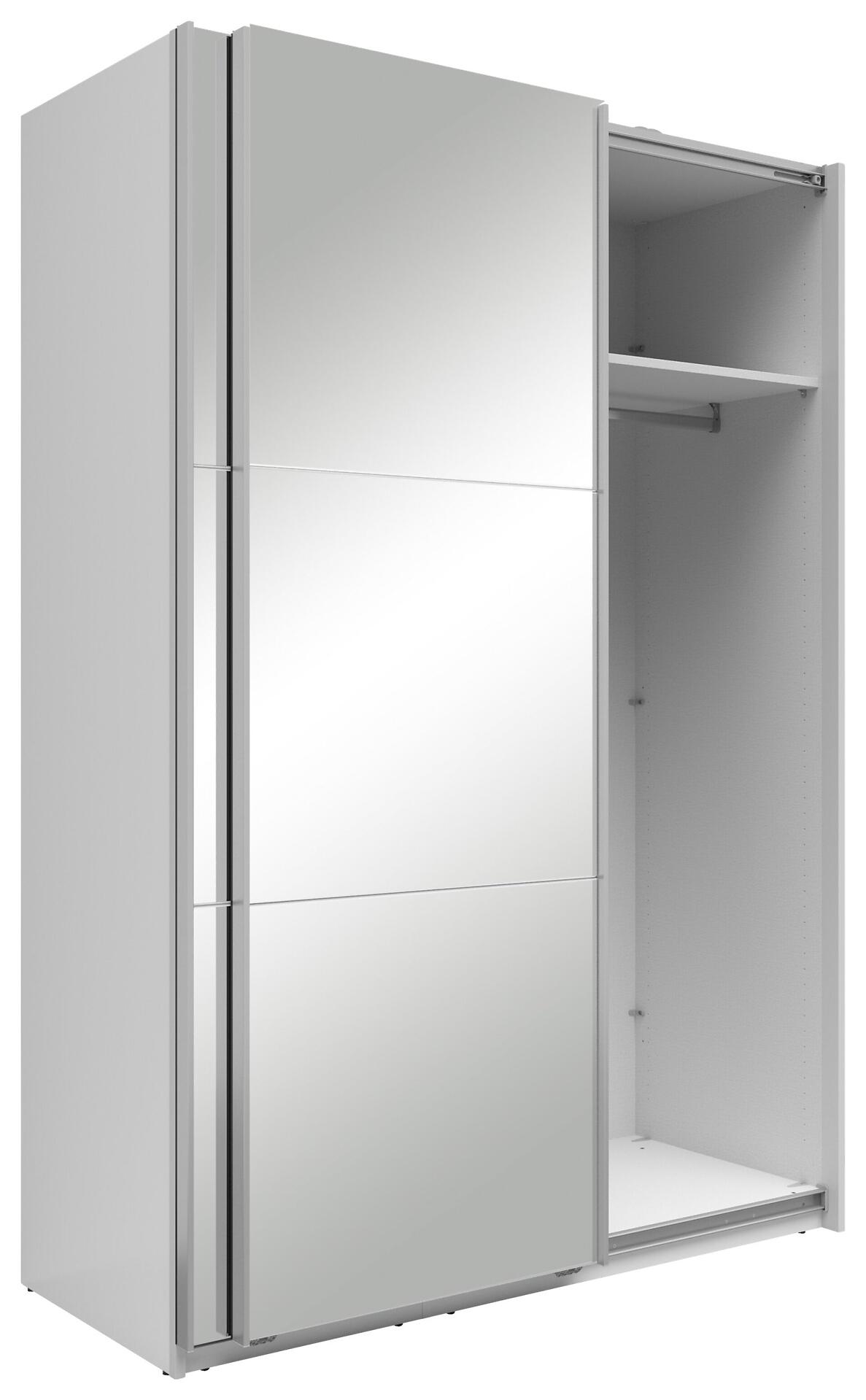 Schwebetürenschrank Neo mit geöffneter Tür, die den Innenraum mit Einlegeböden, Kleiderstange und Schublade zeigt, in einer perspektivischen Seitenansicht.