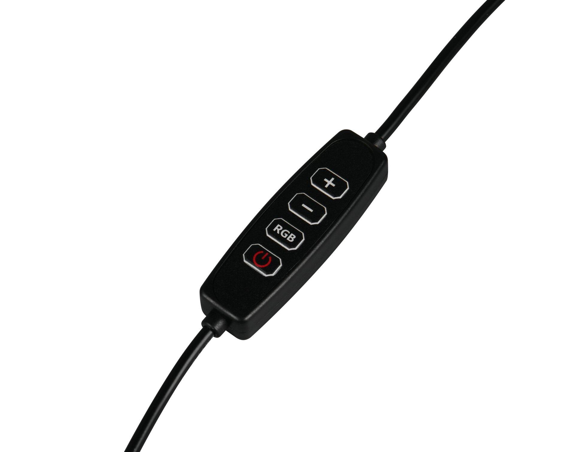 Fernbedienung der Tischleuchte Joy mit Plus-, Minus-, RGB- und Power-Button zur Steuerung der Beleuchtung.