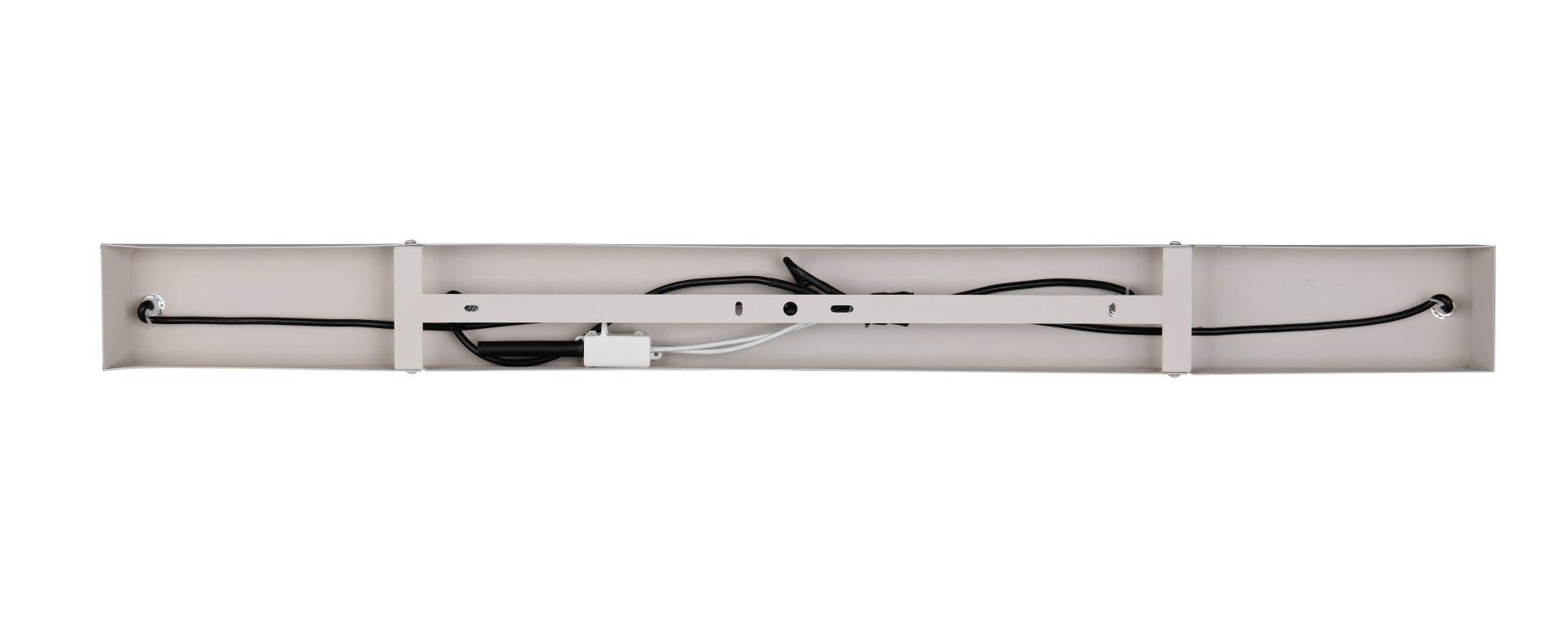 Rückansicht eines beleuchteten Badezimmerspiegels Firano mit sichtbaren Kabeln, Stecker und einem kleinen Transformator im hellgrauen Rahmen.