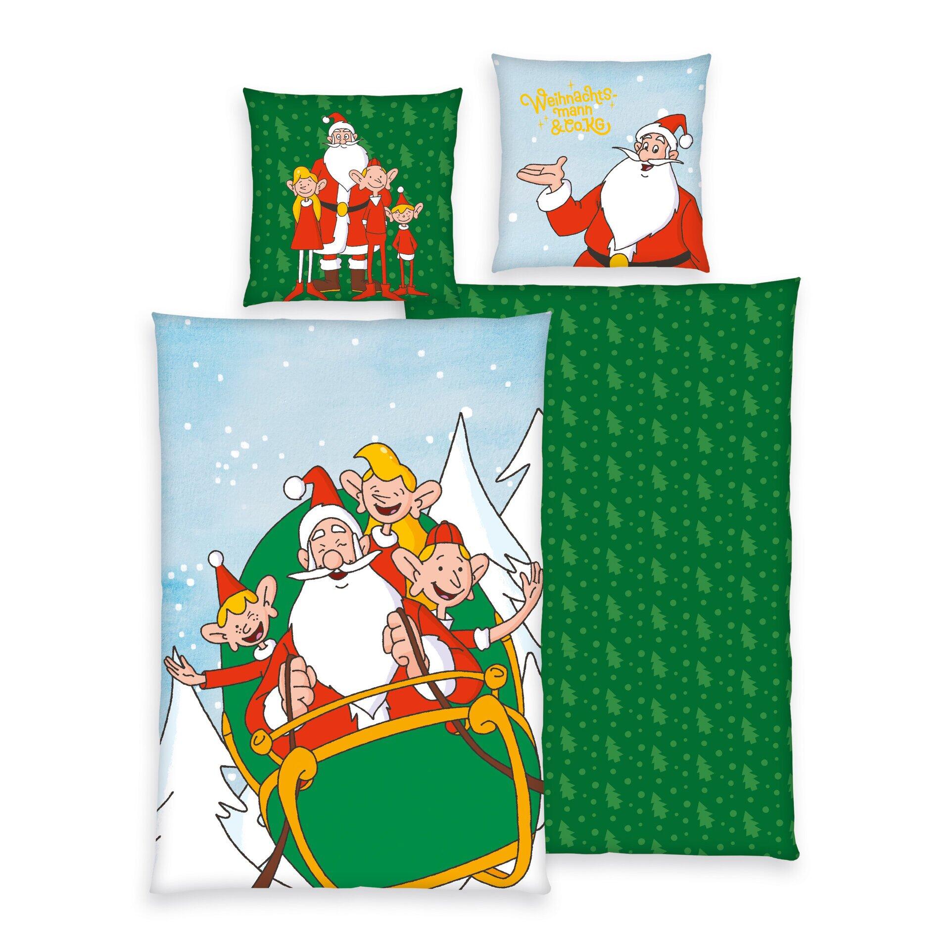 Kissenbezug 80x80cm mit weihnachtlichem Motiv: Der Weihnachtsmann lenkt einen Schlitten mit Rentieren und Elfen über eine verschneite Landschaft.