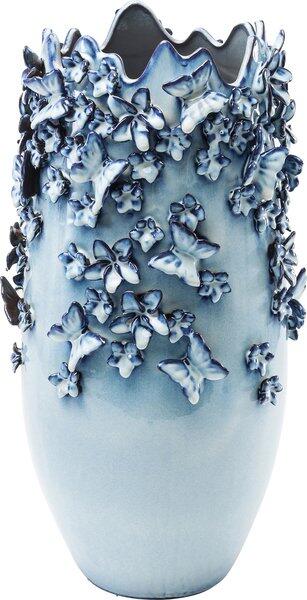 Vase Butterflies Lightblue: Hellblaue, konische Steinzeugvase mit stilisierten, dunklerblauen Schmetterlingen am oberen Rand.