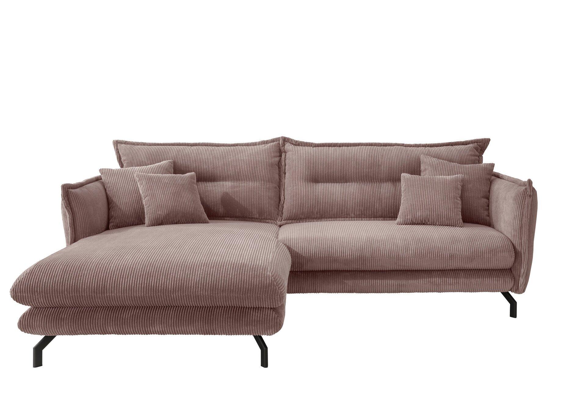 Ecksofa Lava mit beigefarbenem Cordbezug und schwarzen Metall-Winkelfüßen, das aus zwei getrennten Elementen mit erhöhter Rückenlehne und Eckbank besteht.