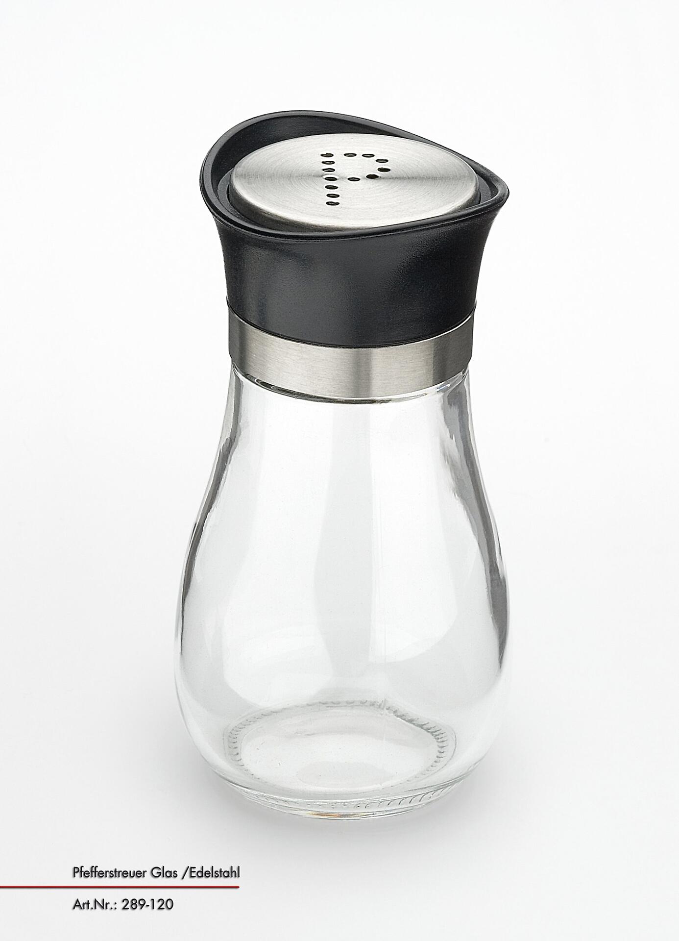 Pfefferstreuer Life Style aus Glas und gebürstetem Edelstahl mit transparentem Zylinder, Kunststoffdeckel mit Löchern und Edelstahlring, präsentiert in einer Nahaufnahme.