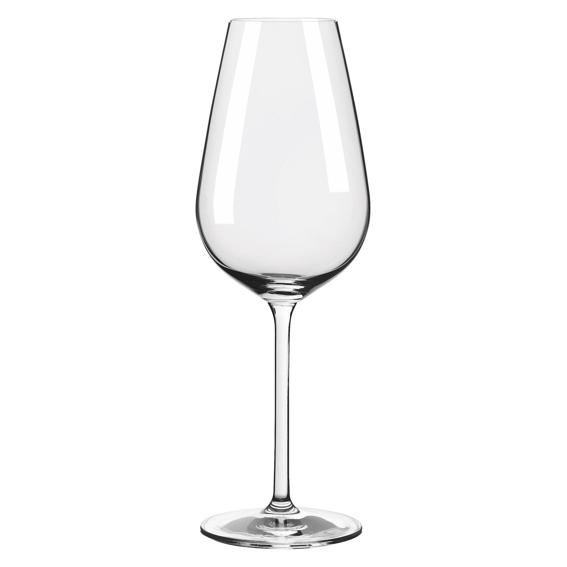 Schlankes Weißweinglas aus Kristallglas mit gewölbtem Fuß, elegantem Stiel und länglichem Kelch mit leicht zusammenlaufendem Rand.