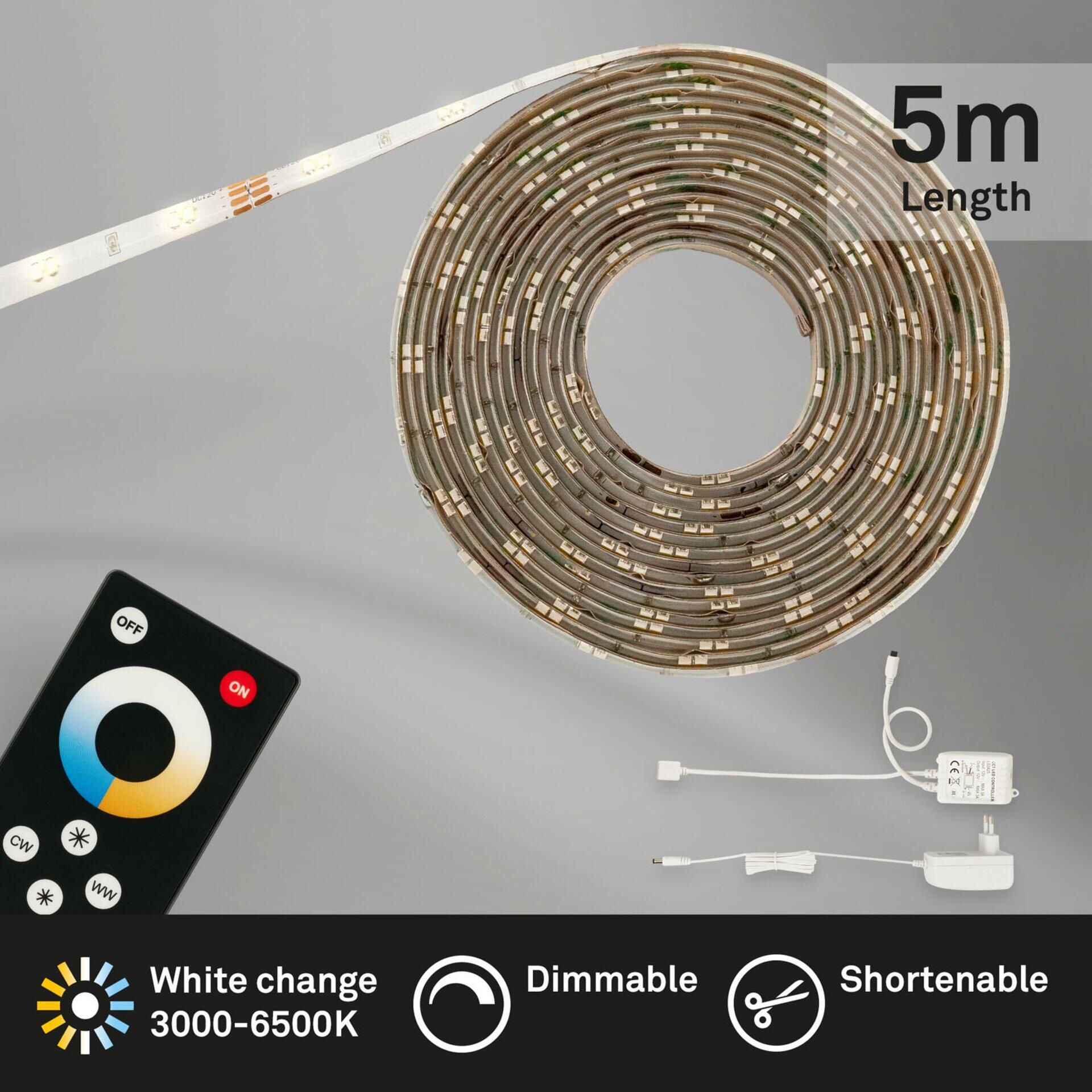 LED Band Led Superline mit Fernbedienung zur Steuerung von Farbwechsel, Dimmfunktion und Kürzbarkeit, dargestellt in einer kreisförmigen Anordnung auf weißem Untergrund.