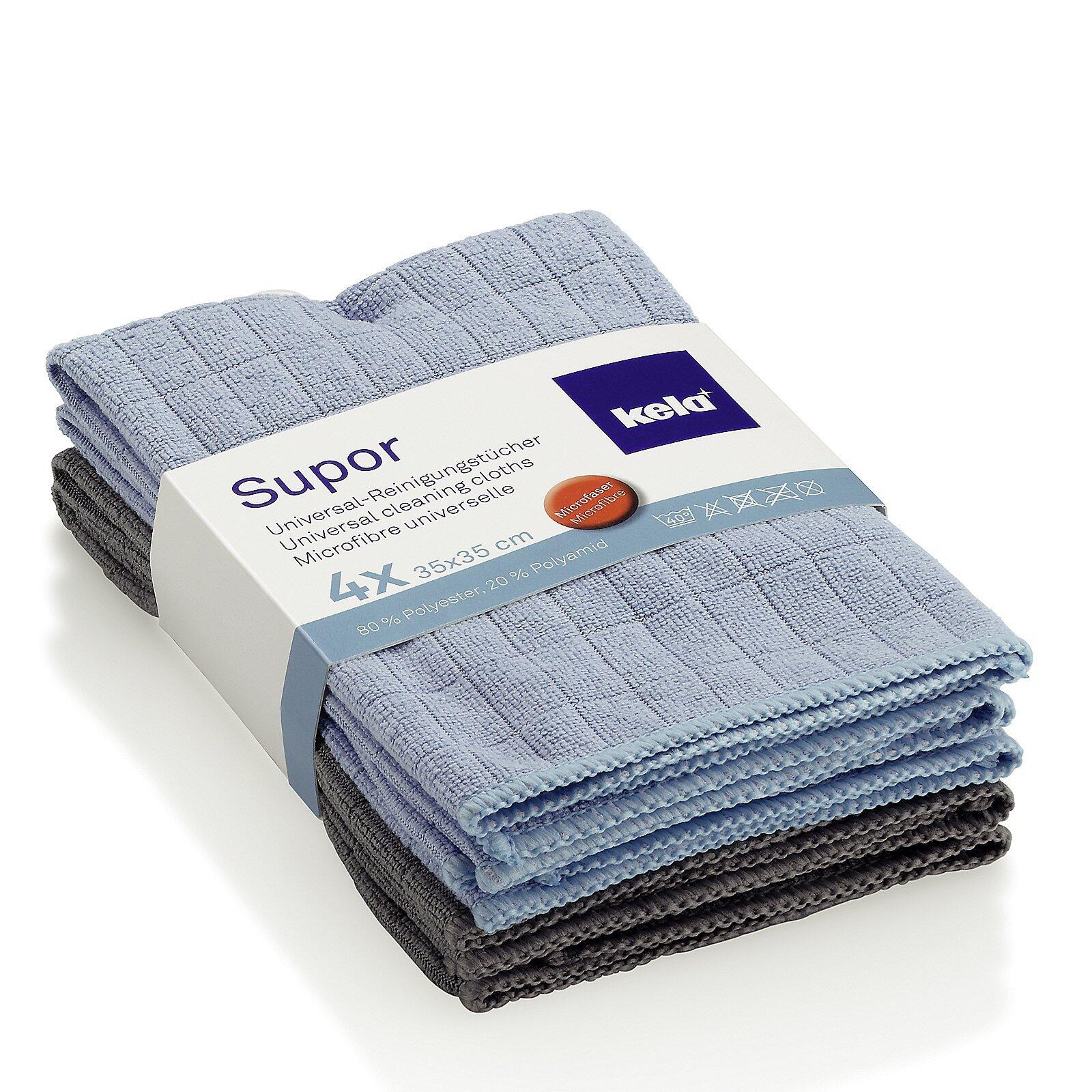 Vierfarbiger Stapel Supor Universal-Reinigungstücher aus Mikrofasern mit abgebildetem Etikett und Größenangabe 35x35 cm.
