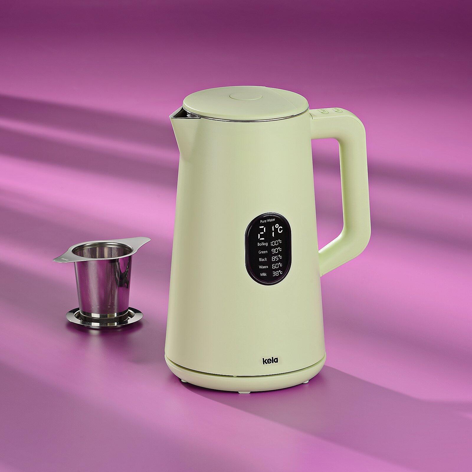 Wasserkocher Santos mit Display, das voreingestellte Temperaturen für verschiedene Anwendungen wie "Pure Water", "Boiling", "Green", "Black", "Warm" und "Milk" anzeigt.