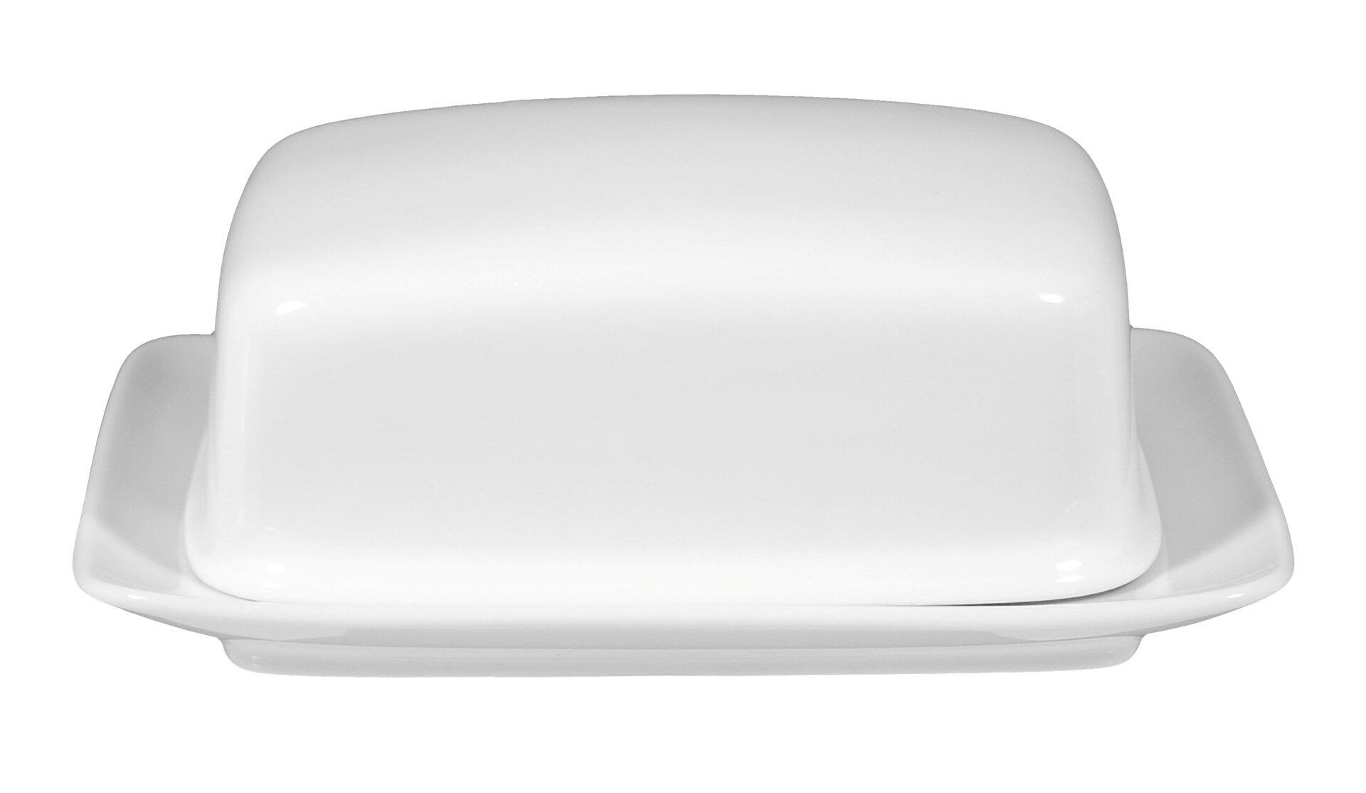 Weiße Butterdose Rondo/Liane mit Tablett und Deckel, frontal dargestellt.