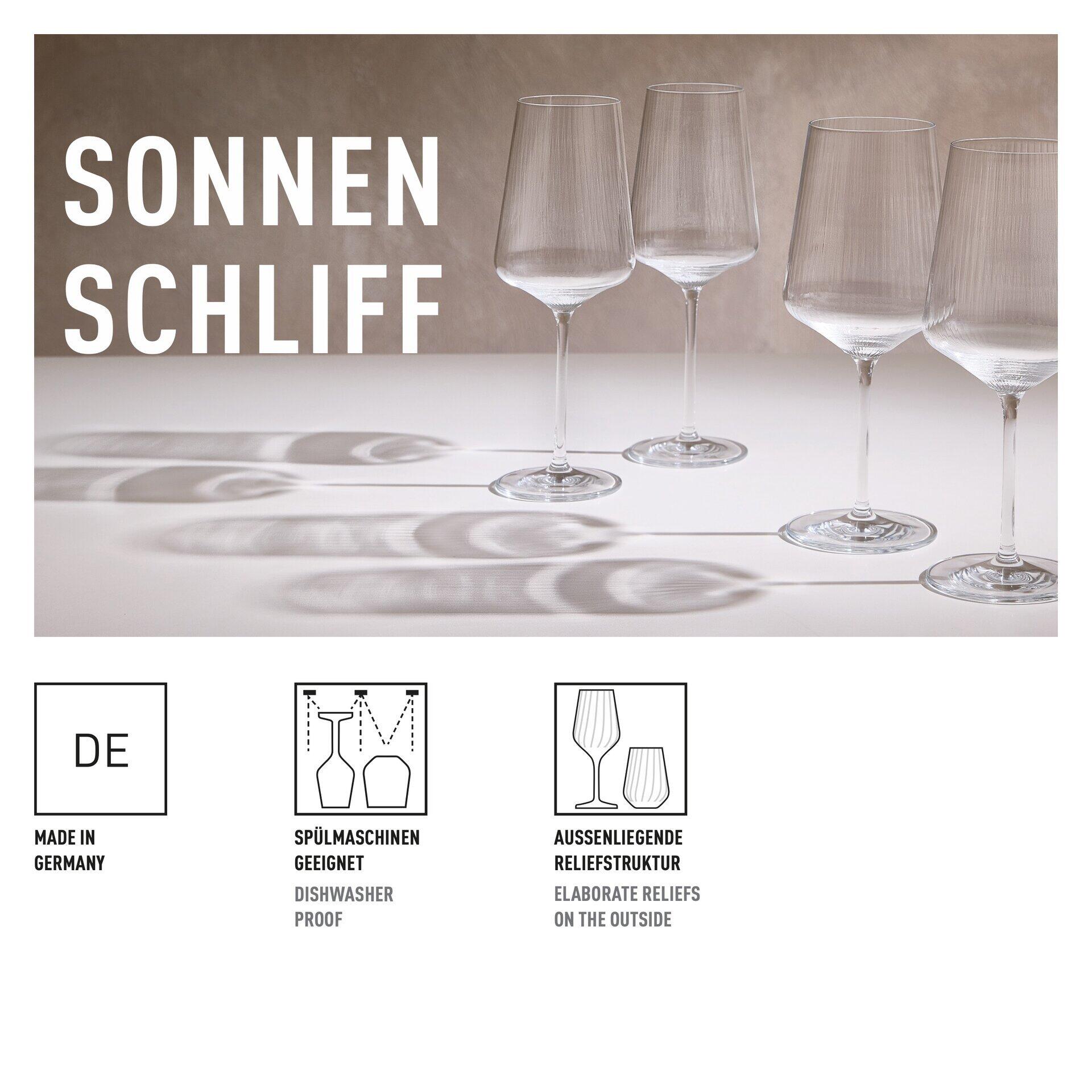 Weinglas-Set mit drei eleganten Weinkelchen, wobei ein Glas ein auffälliges Sonnenrelief-Design zeigt und das deutsche Herkunfts- und Spülmaschinenfester-Qualitätsmerkmal sowie eine Detailgrafik des Reliefmusters hervorgehoben werden.