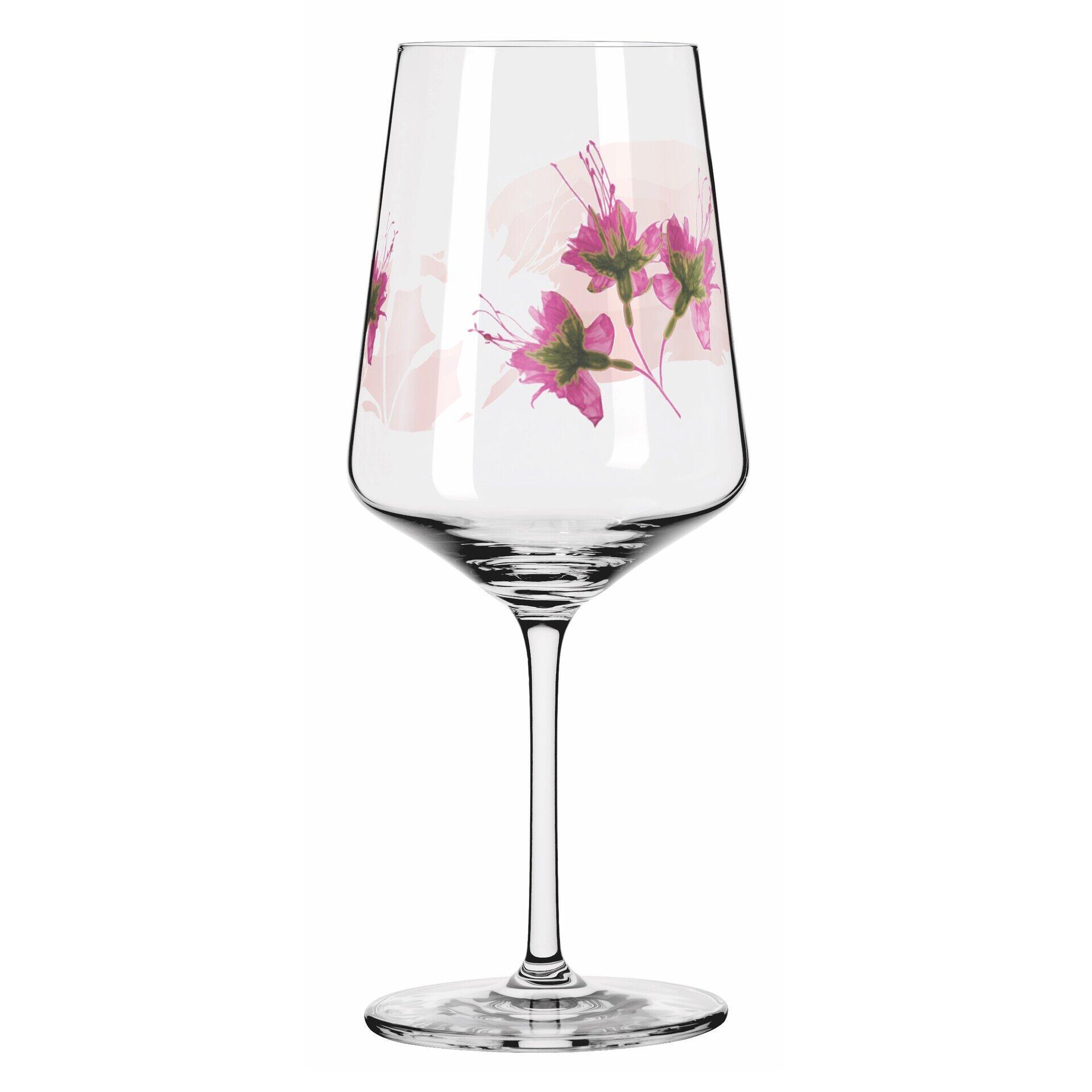 Aperitifglas mit schlanker Form und floralem Dekor in Rosa- und Lilatönen, Teil eines 2-teiligen Sets in Geschenkbox.