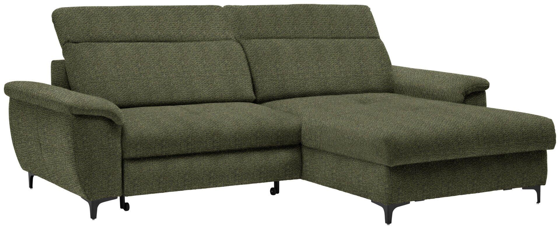 Ecksofa Retro in U-Form mit ausgezogener Liegefläche und Rollenfüßen, die die Schlaffunktion demonstriert.