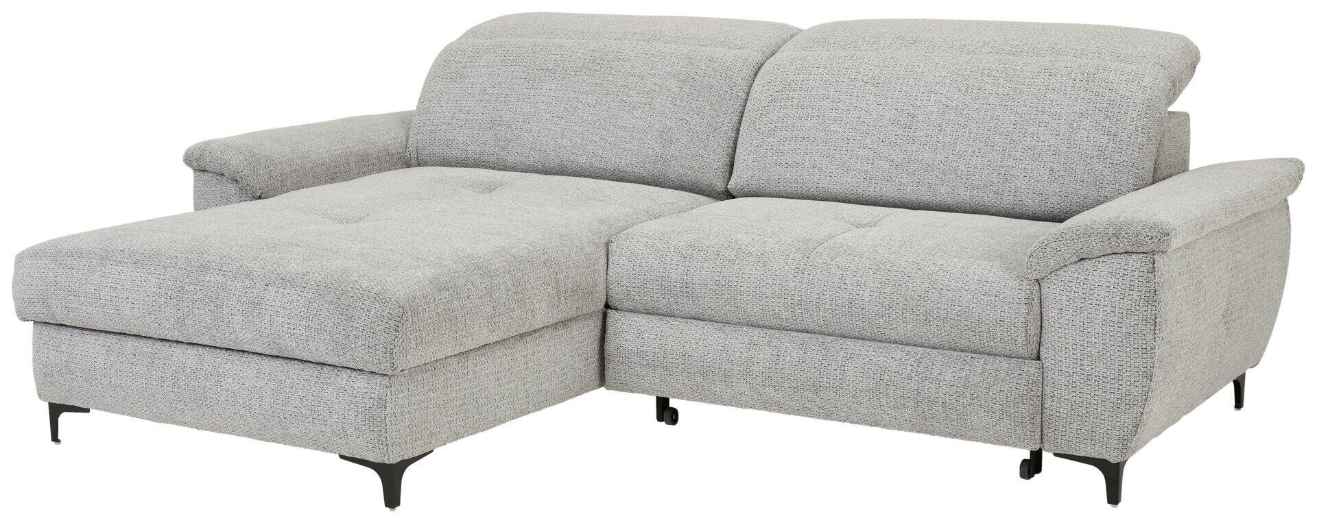 Ecksofa Retro im Frontalblick mit ausgeklappter Schlaffunktion und abgerundeten Formen, inklusive Winkelfüßen aus Metall.
