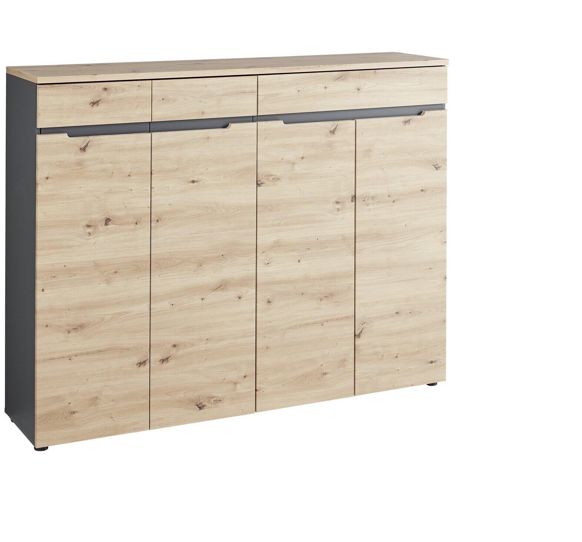 Schuhschrank Detroit mit Artisan-Eiche-Oberfläche und drei Schubladen im oberen Bereich, aus der Vogelperspektive erkennbar.