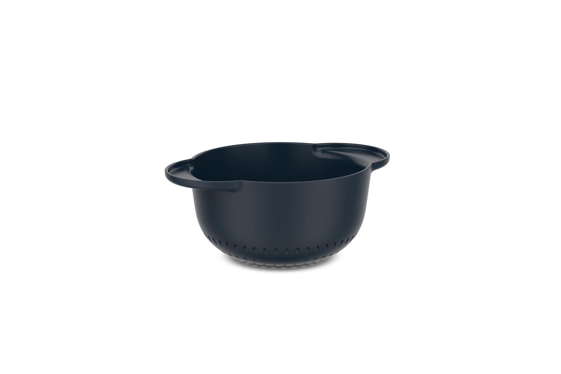 Chef it Accessoires: Bläulich-silikonähnliches Sieb mit seitlichen Griffmulden und perforiertem Boden für einfaches Abtropfen.