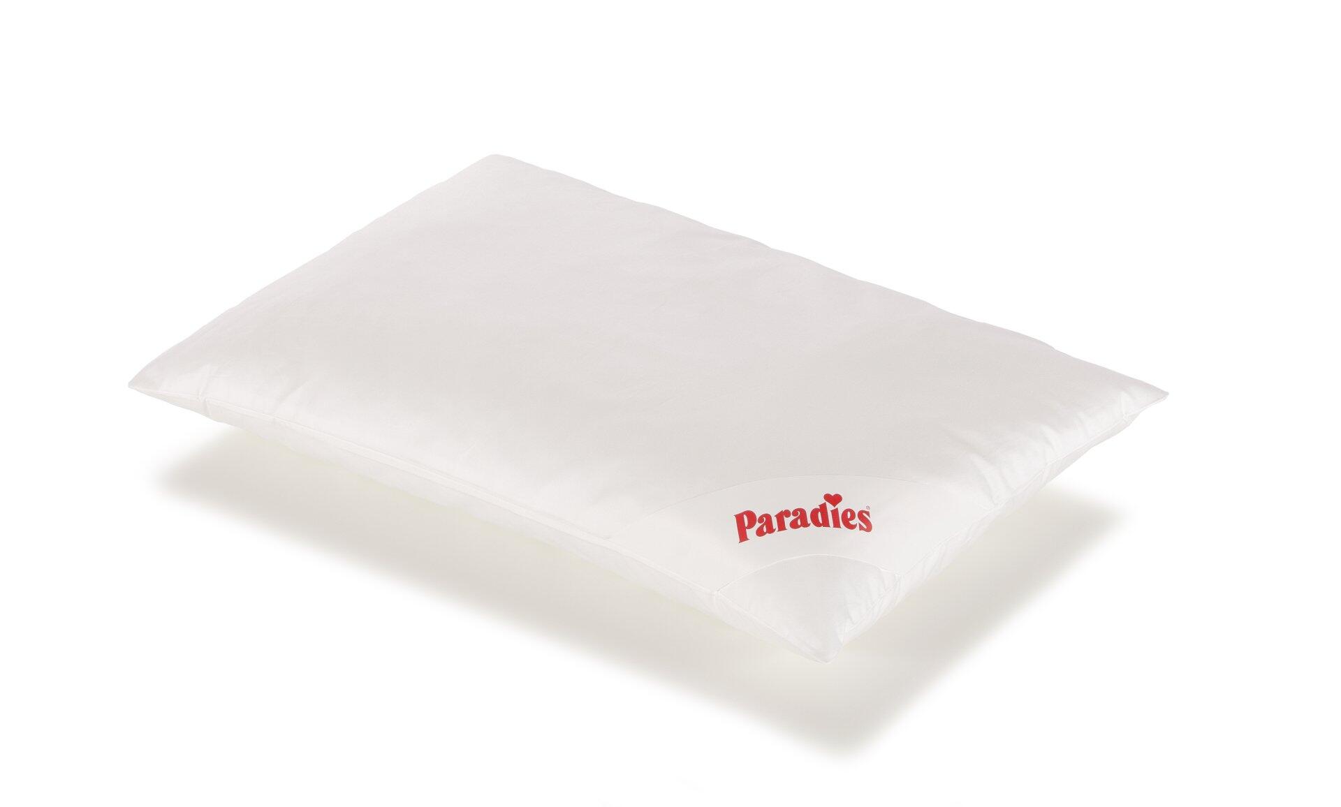 Weißes Softy Kissen, Softy medium, mit voluminöser Polyesterfüllung und "Paradies"-Logo.