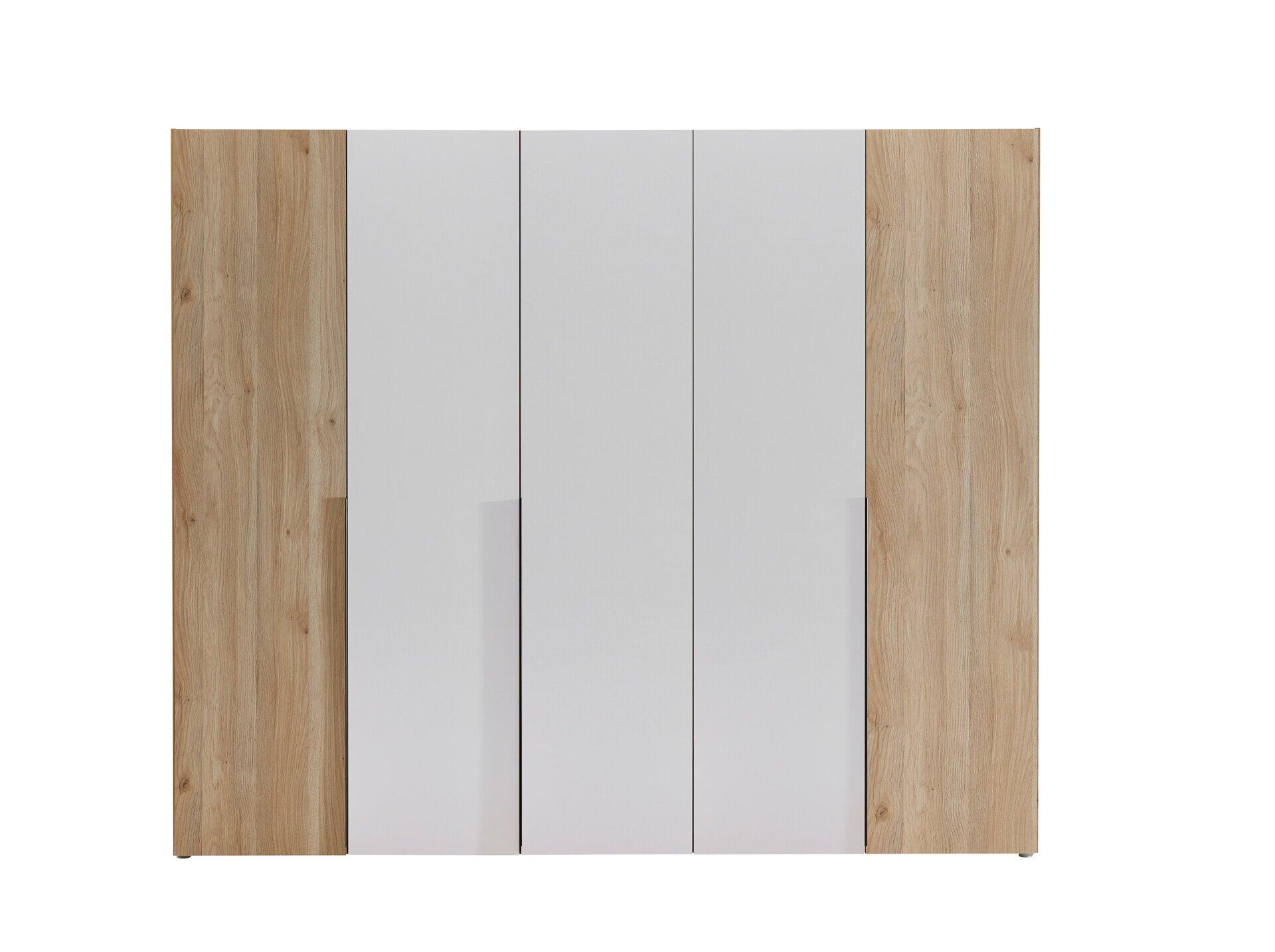 Weißer Kleiderschrank mit drei Türen, zwei aus Holz mit Maserung und eine weiße Tür.