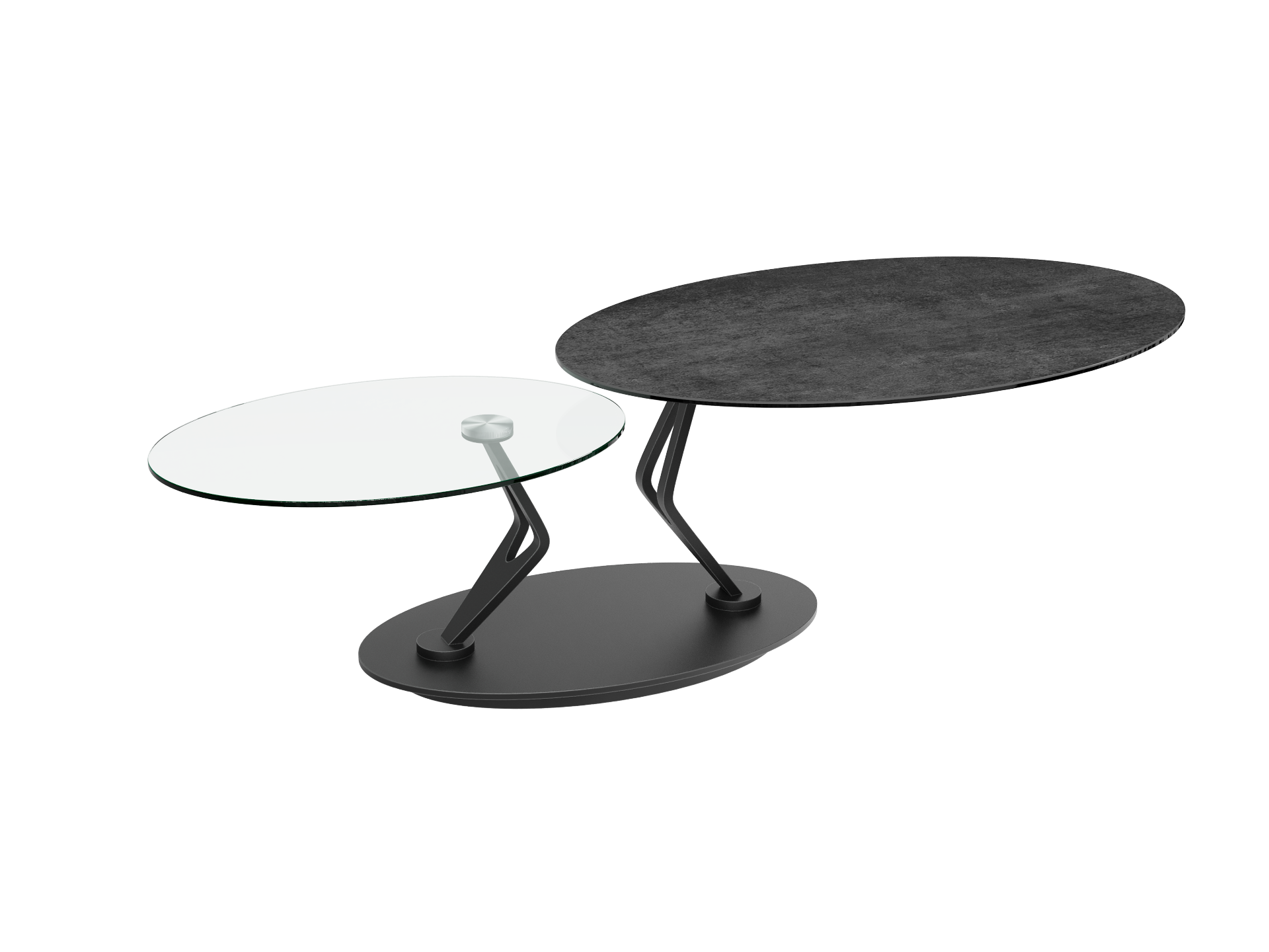 Couchtisch Oasis mit runder, transparenter Glasplatte und geschwungenem, schwarzem Metallgestell mit rundem Fuß.