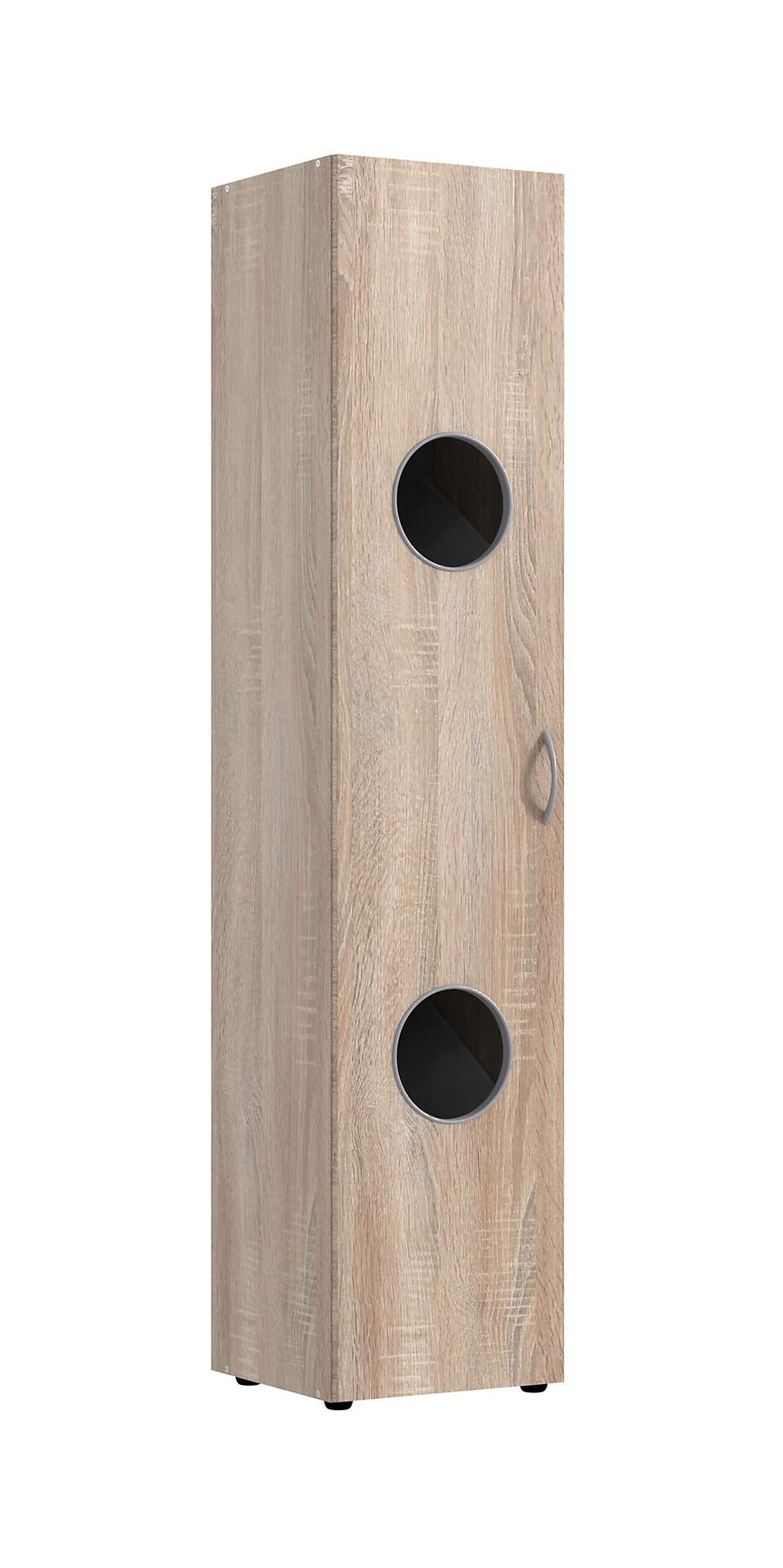 Wäscheschrank, Multiraumkonzept, mit runder Aussparung in Ober- und Unterteil und schlankem, hochformatigem Design.