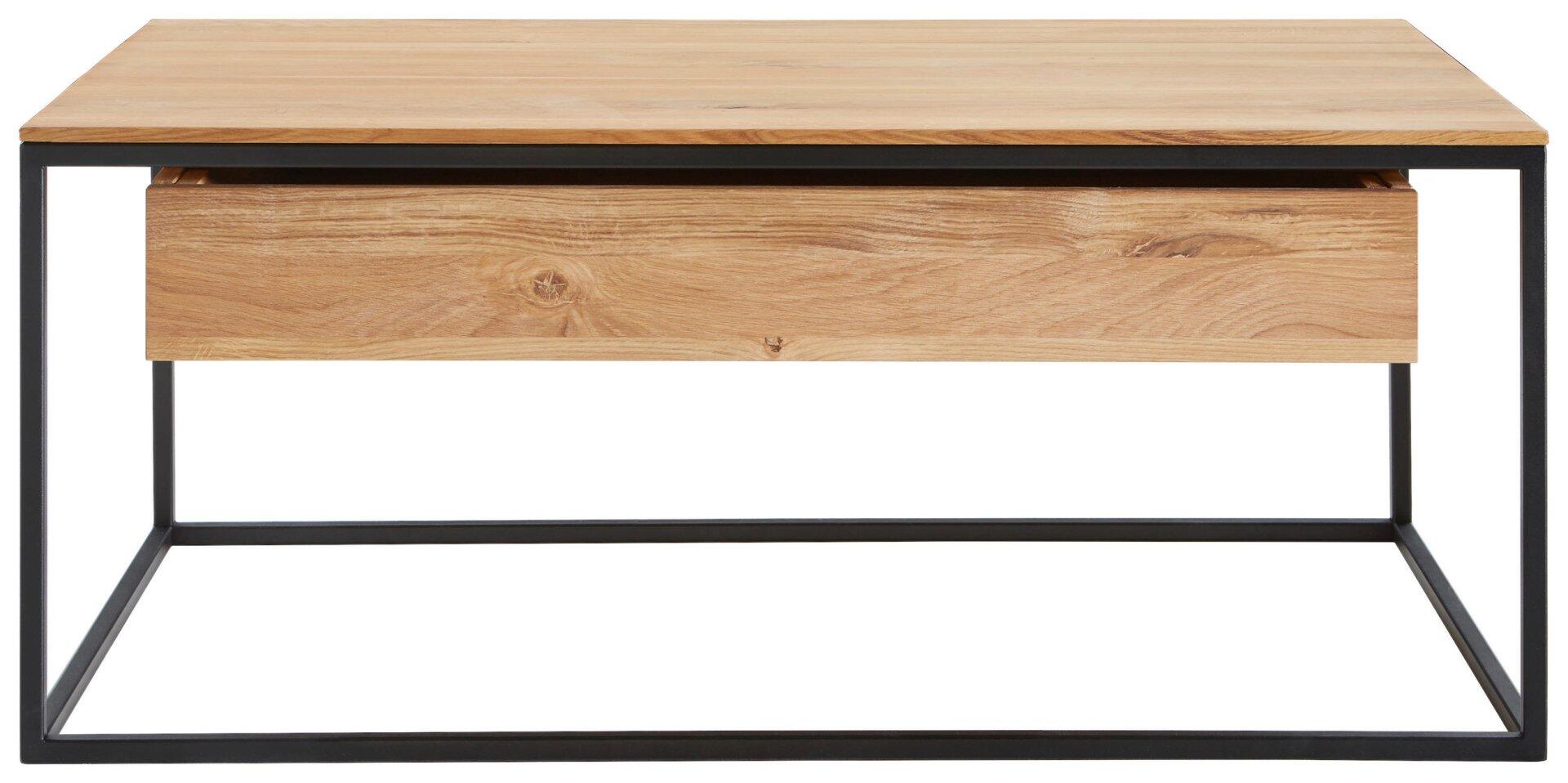 Couchtisch Patricia mit heller Holzplatte, schwarzem Metallgestell, einer Schublade und offenem Fach, detailreich aus erhöhter Perspektive dargestellt.
