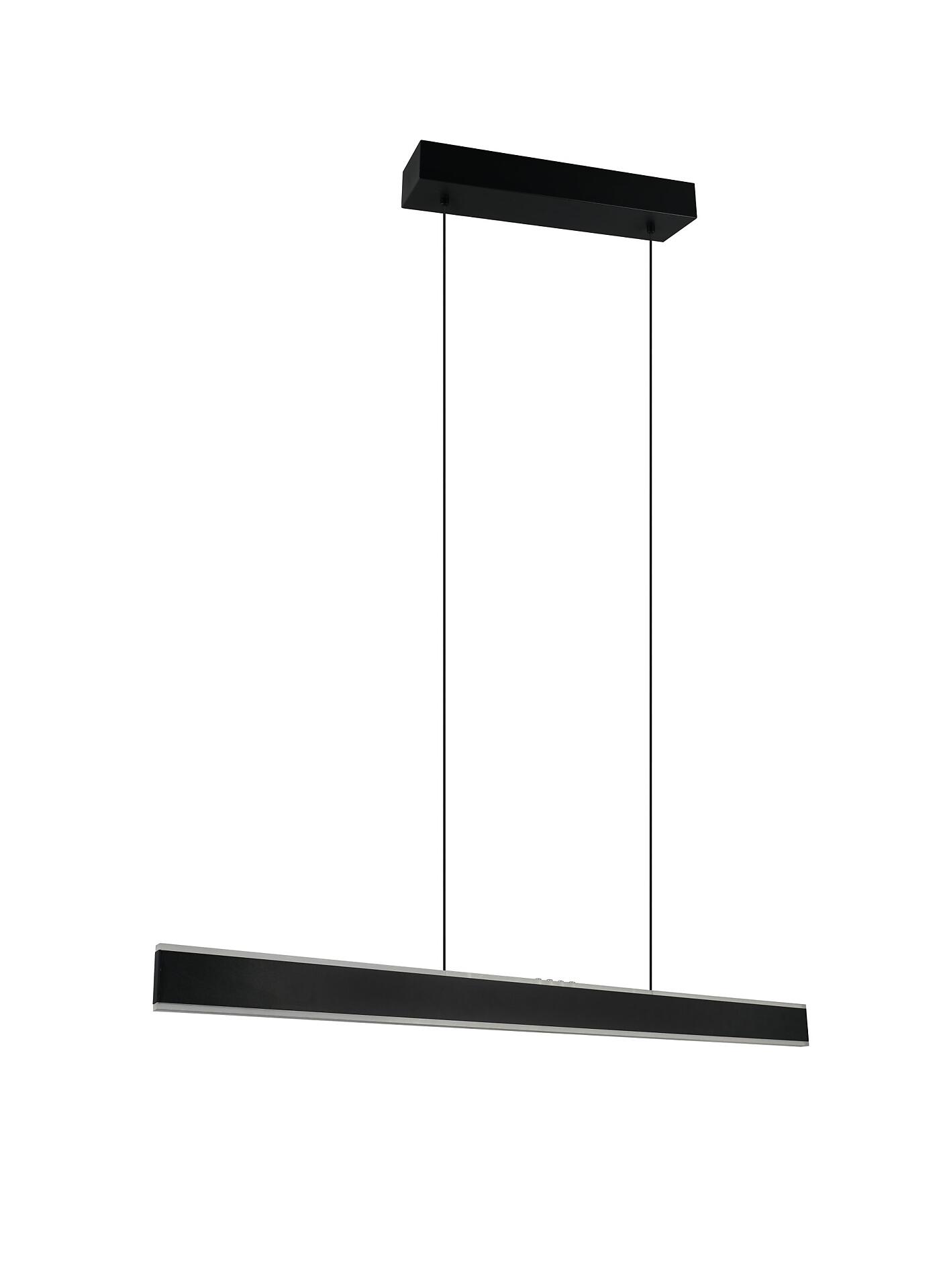 Pendelleuchte Croom mit schlankem, länglichem Design und hellem LED-Lichtband, fotografiert im Gegenlicht, um die Form und die gleichmäßige Lichtabstrahlung zu zeigen.