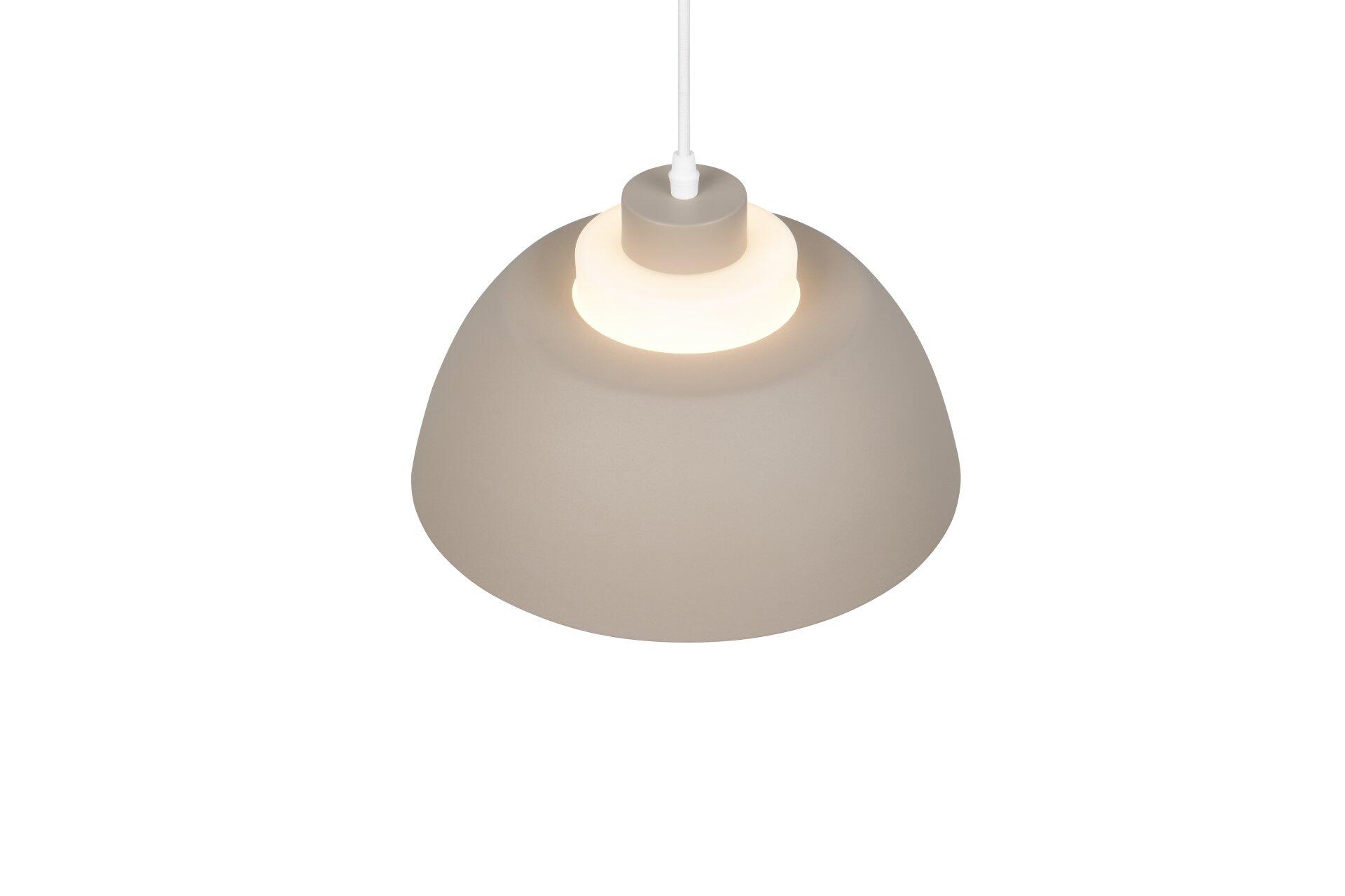 Pendelleuchte Tilos mit zylindrischem, konisch zulaufendem Lampenschirm und hellem Lichtschein, dargestellt aus einer unteren Perspektive im Gegenlicht.