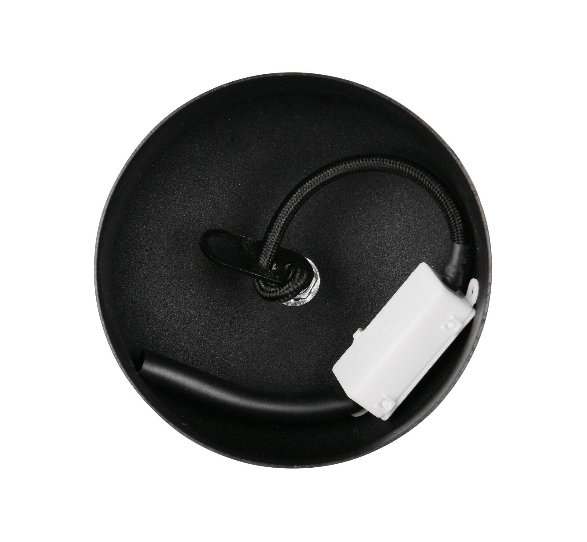 Pendelleuchte Amarila, Detailaufnahme des schwarzen Deckenanschlusses mit Kabel und Metallring aus Vogelperspektive.