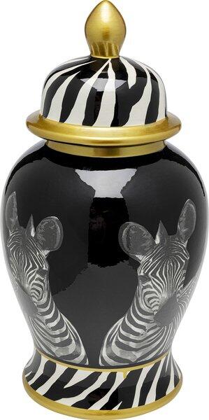 Vase Zebra Face, dekorative Porzellenvase mit Zebra-Motiv, Deckel und goldenem Sockel, aus Seitenperspektive dargestellt.