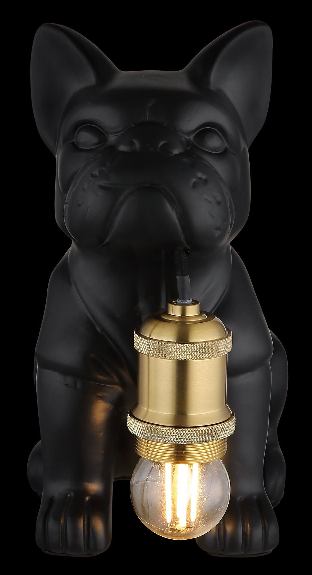 Tischleuchte DOGO in Form eines schwarzen Bulldoggenkopfes mit Messingfassung und Edison-Glühbirne, die von unten beleuchtet wird.