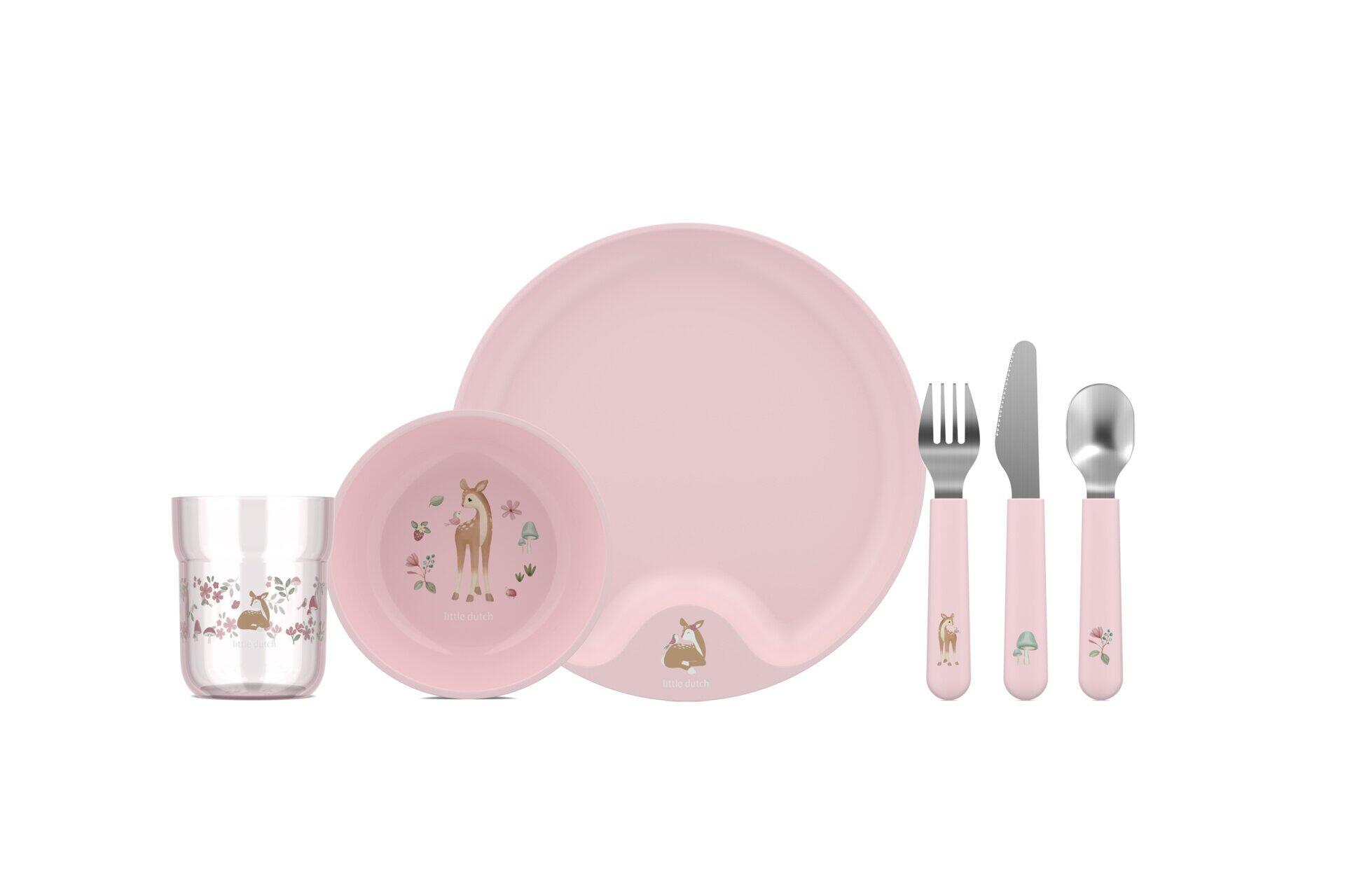 Mio Babygeschirr-Set mit kindgerechtem Design: Trinkglas mit floraler Dekoration, Silikongeschirrring mit Reh-Motiv und Besteck mit Tierabbildungen.