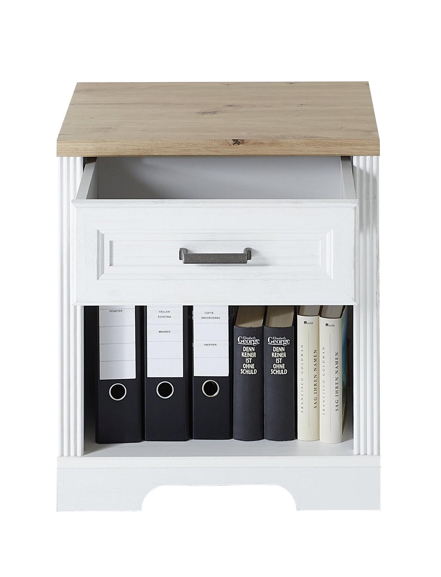 Aktenschrank mit ausgezogenen Schubladen, Ordnern mit den Etiketten "PENTER", "ELEKTR", "LIFTS" und Büchern, darunter "George Orwell – Keiner ist ohne Schuld".