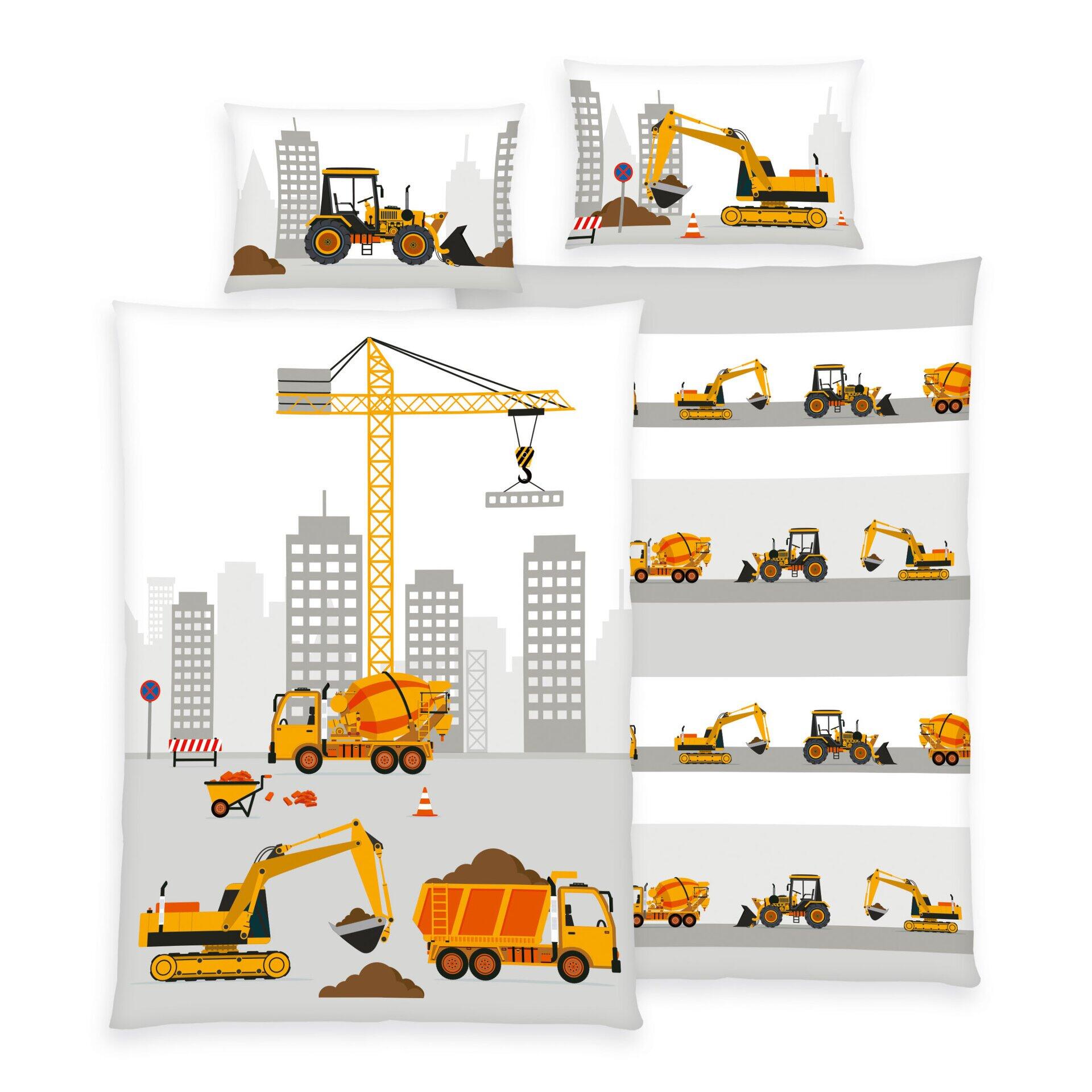 Kissenbezug "Baustelle" mit kindlichem Motiv und Darstellung einer Stadt mit Bauarbeiten, inklusive Baufahrzeugen wie Bulldozer, Radlader und Bagger.