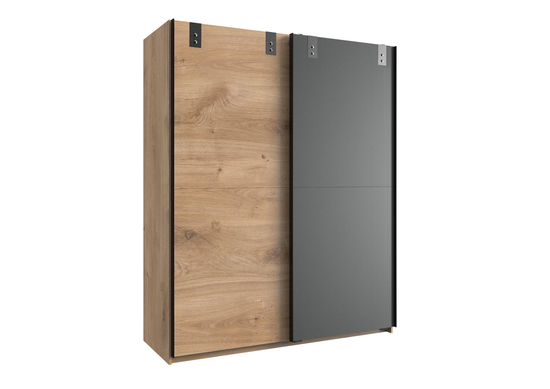 Kleiderschrank Liverpool mit zwei unterschiedlichfarbigen Schiebetüren in Graphit und Holzoptik, Blick von der Seite auf die Schranktiefe und den schwarzen Fuß.
