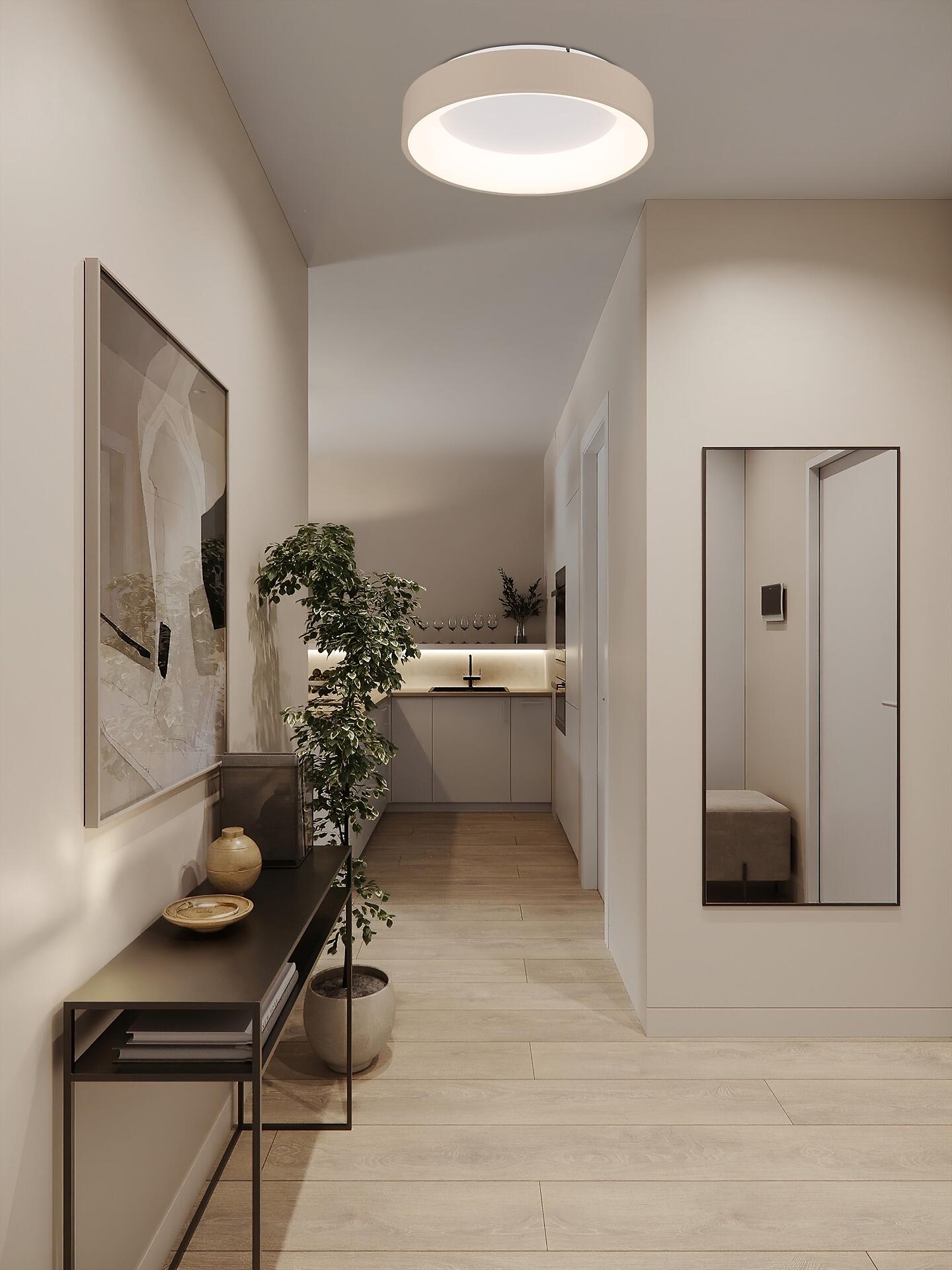 Deckenleuchte GALLEGOS mit rundem Design, die von unten warmes, weisses Licht spendet und eine gemütliche Atmosphäre im modernen Flur erzeugt.