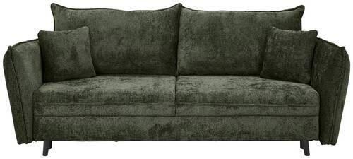 Hellgrünes Sofa Santana mit konischen, schwarzen Füßen und drei Zierkissen, dargestellt in einer Frontalperspektive.