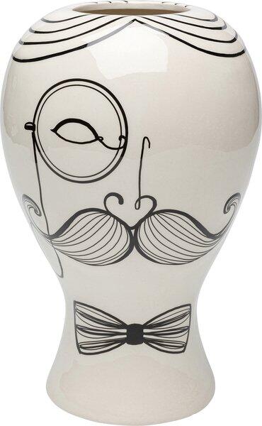 Weiße Favola Men Vase aus Keramik-Dolomit mit stilisiertem, schwarzem Männergesicht-Muster aus der Seitenperspektive.
