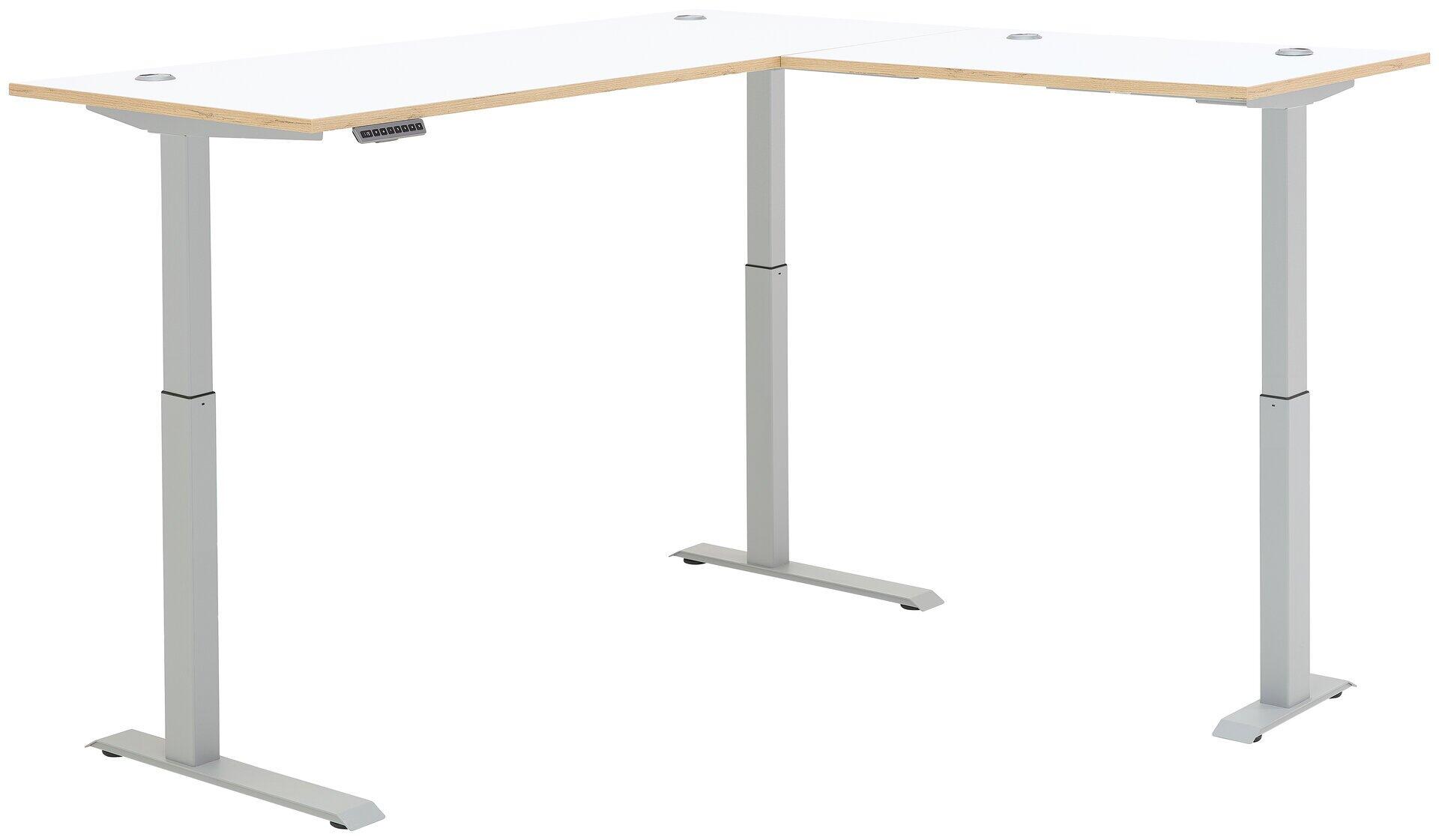 Schreibtisch Memphis mit höhenverstellbarer Artisan Eiche Nb.-Tischplatte auf silberfarbenem Metallgestell und Bedienfeld für die Höhenverstellung.